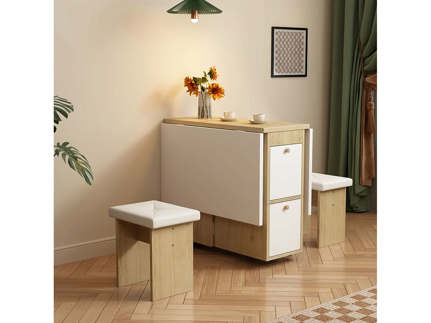 Ensemble table à manger avec 4 chaises, pliable et escamotable, multifonction, panneaux de particules, blanc et chêne