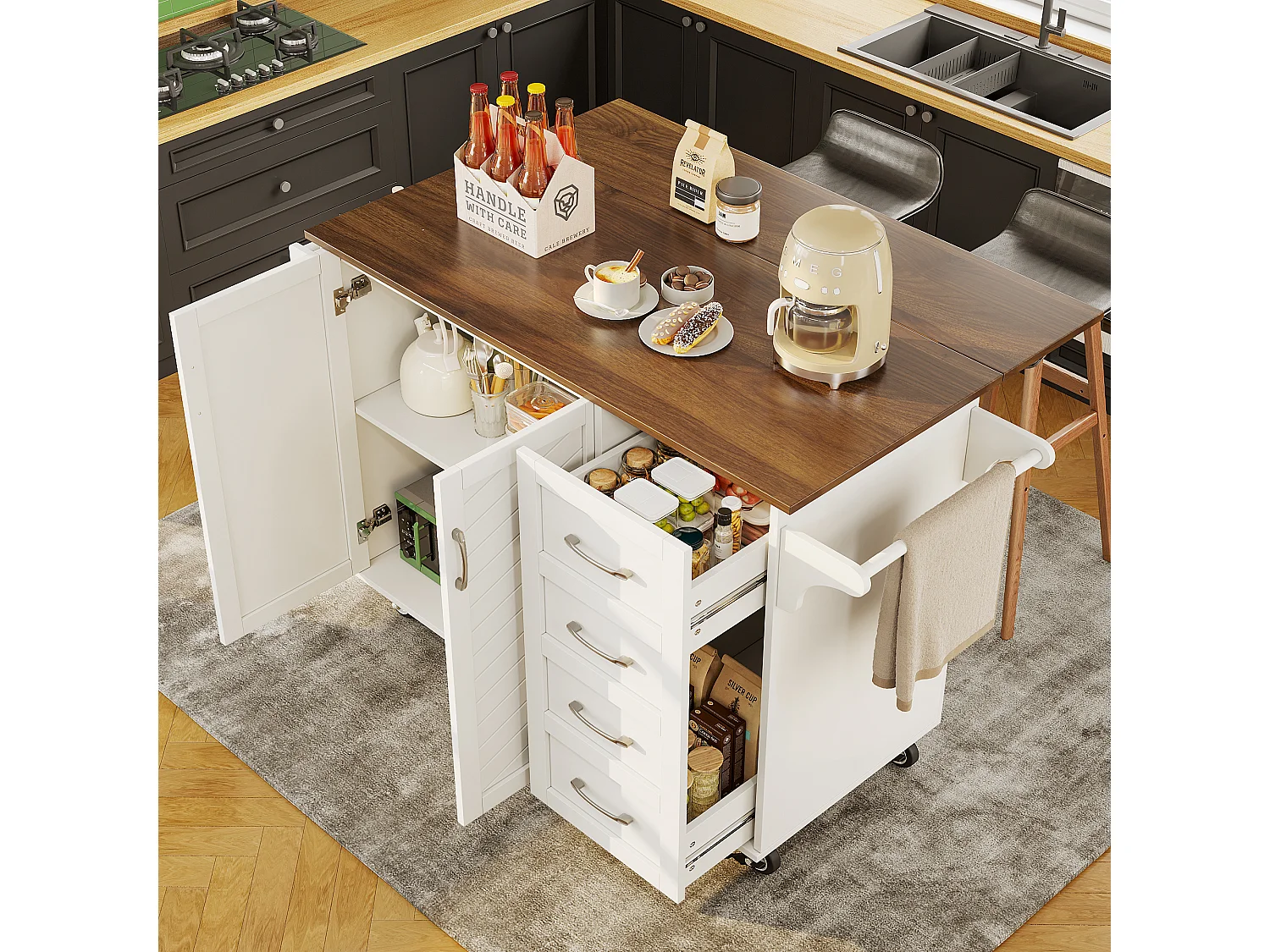 Desserte de cuisine 128x(46-71)x93 cm 2 portes et 2 tiroirs Îlot de cuisine avec plateau extensible - blanc