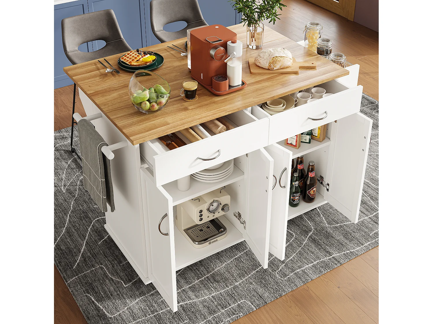 Îlot de cuisine 106x50x90.5 cm, plateau rabattable, roulettes verrouillables, rangement, MDF blanc