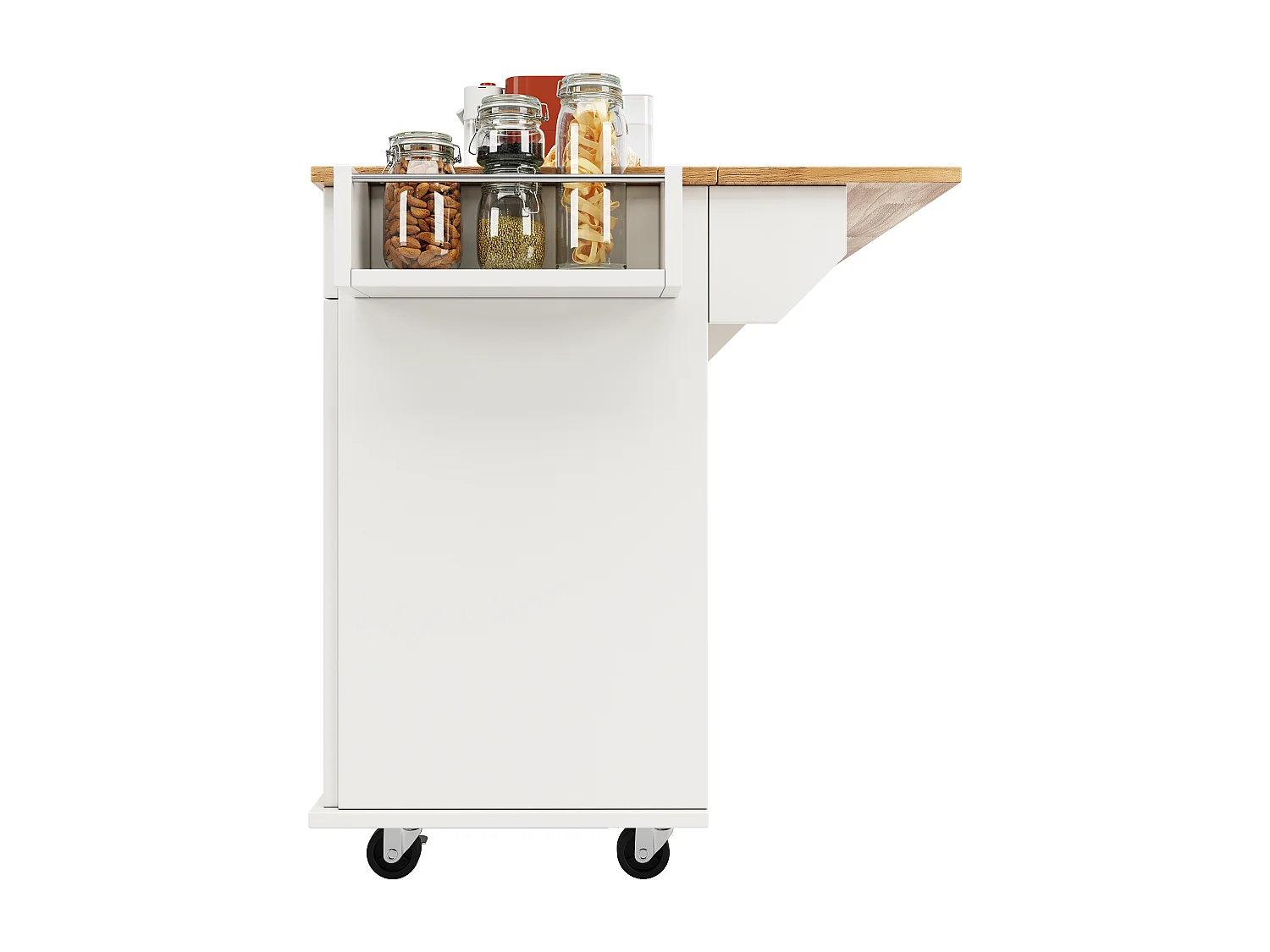 Îlot de cuisine 106x50x90.5 cm, plateau rabattable, roulettes verrouillables, rangement, MDF blanc