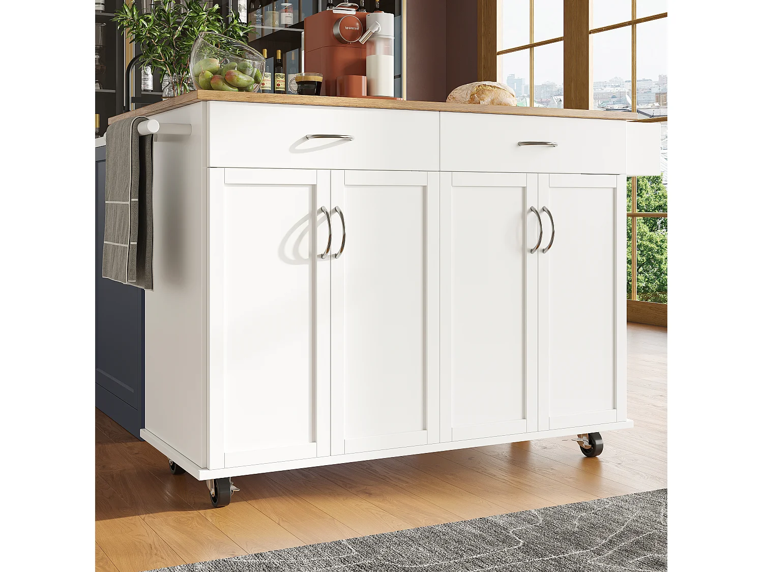 Îlot de cuisine 106x50x90.5 cm, plateau rabattable, roulettes verrouillables, rangement, MDF blanc