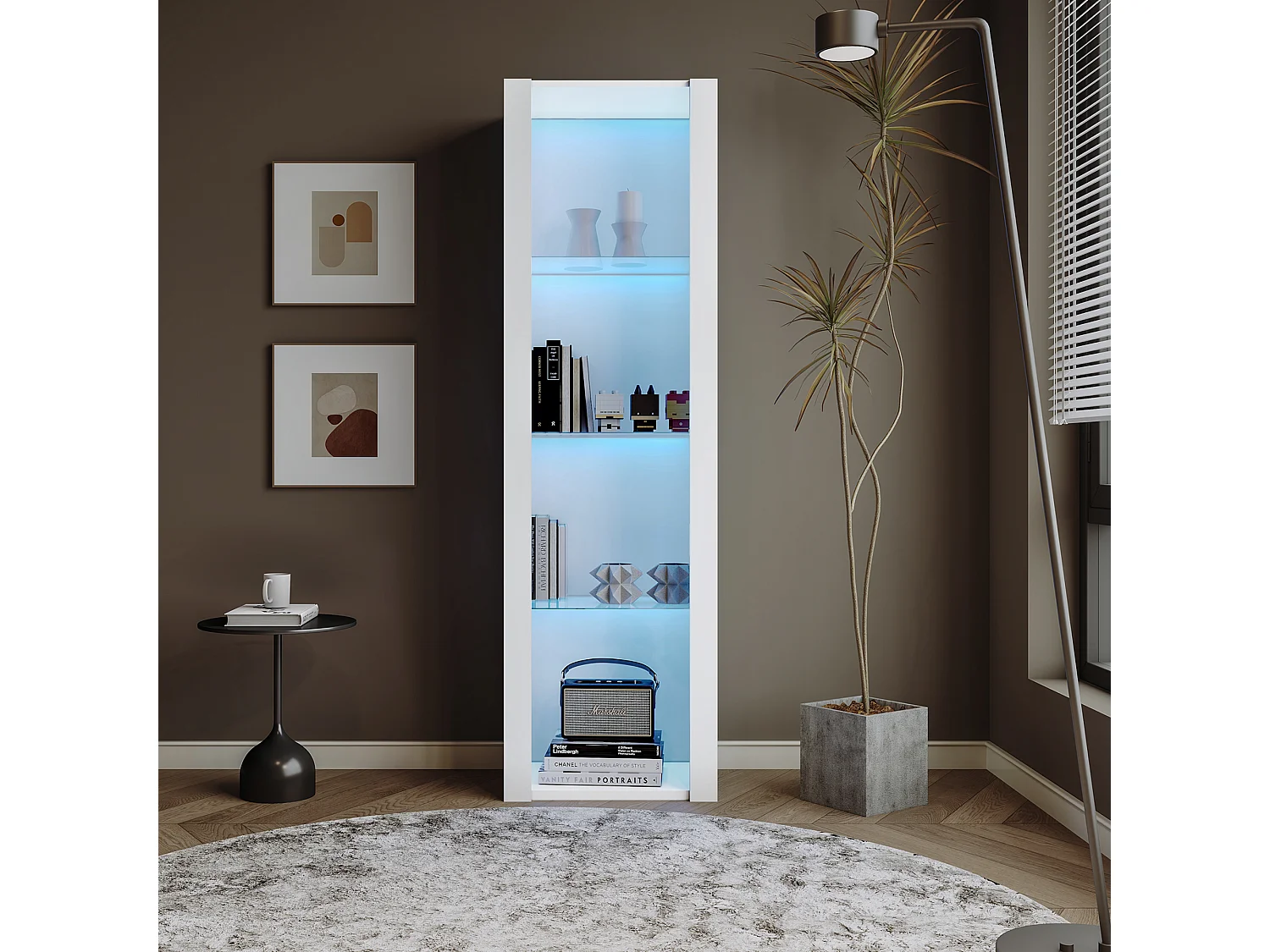 Vitrine 55x38x166 cm LED 1 porte et 3 étagères en verre - meuble de rangement - bois - blanc