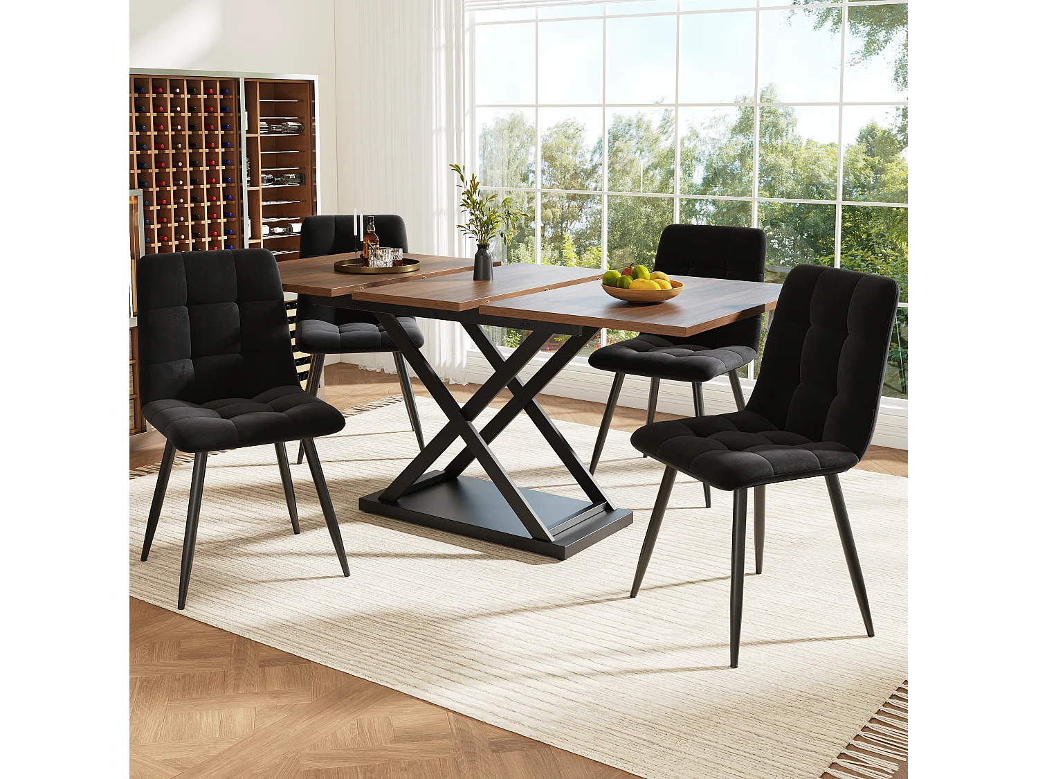 Ensemble table a manger extensible 120/160x80x75 cm + 4 chaises en velours noir - pieds en métal noir