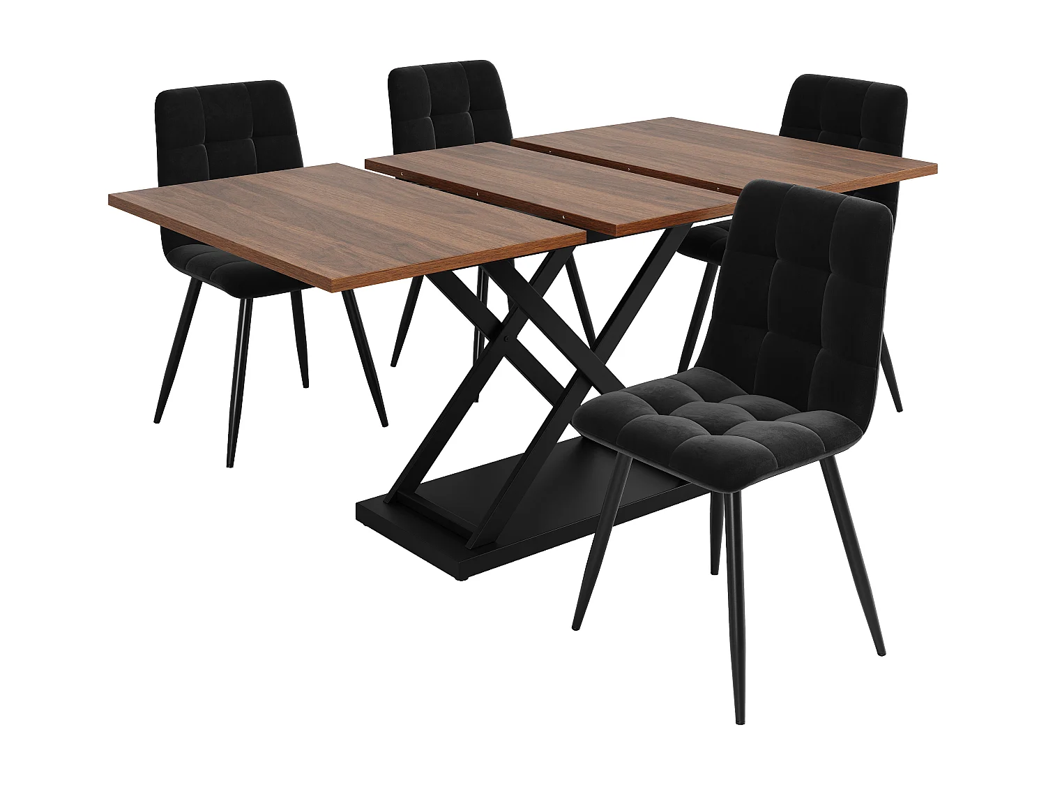 Ensemble table a manger extensible 120/160x80x75 cm + 4 chaises en velours noir - pieds en métal noir