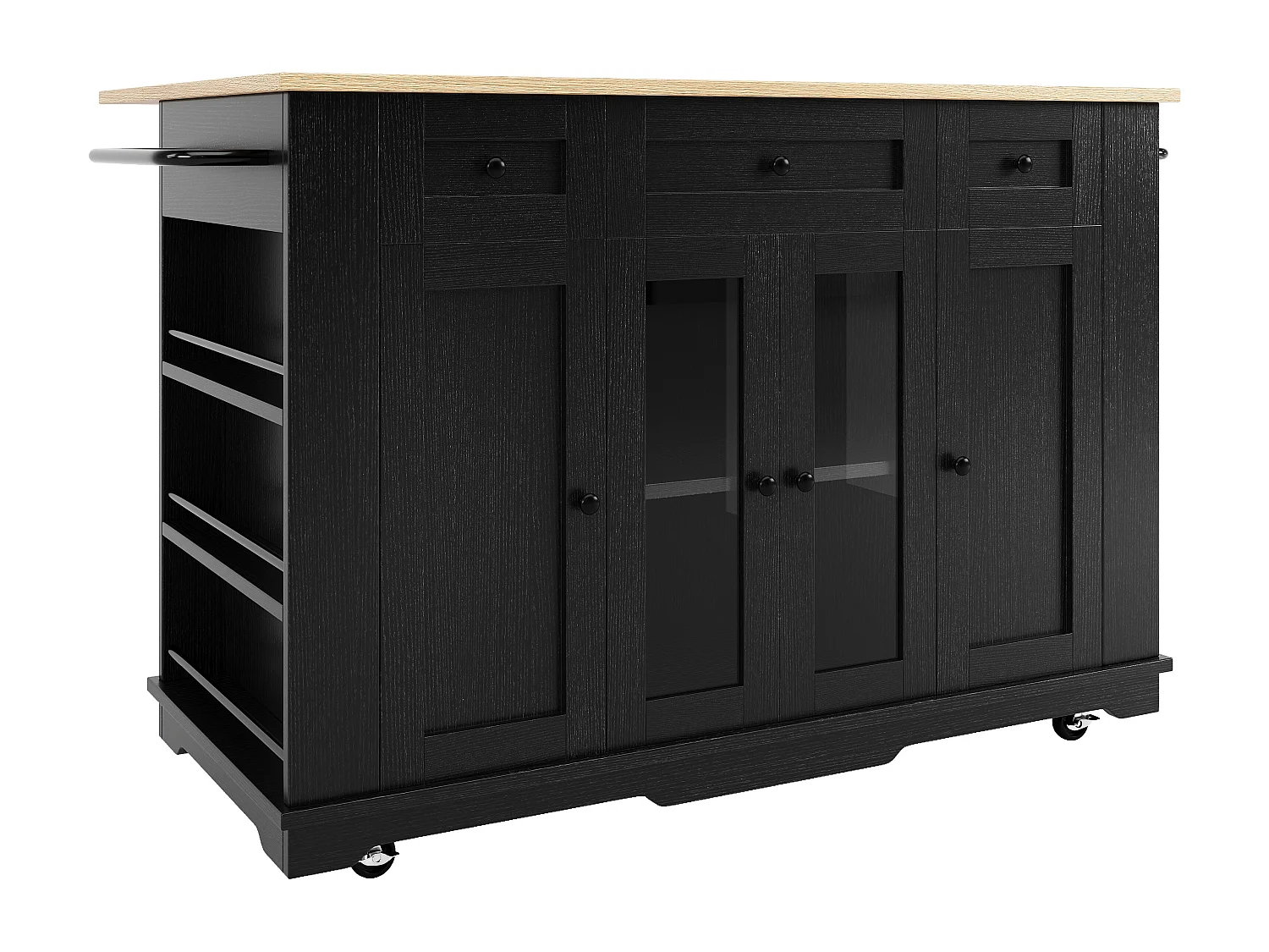 Îlot de cuisine 151.5x85x91.7 cm, plateau rabattable, rangements modulables, verre trempé, MDF et métal, noir et naturel
