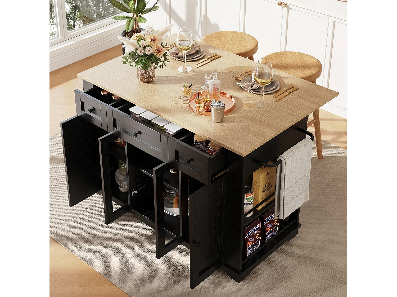 Îlot de cuisine 151.5x85x91.7 cm, plateau rabattable, rangements modulables, verre trempé, MDF et métal, noir et naturel