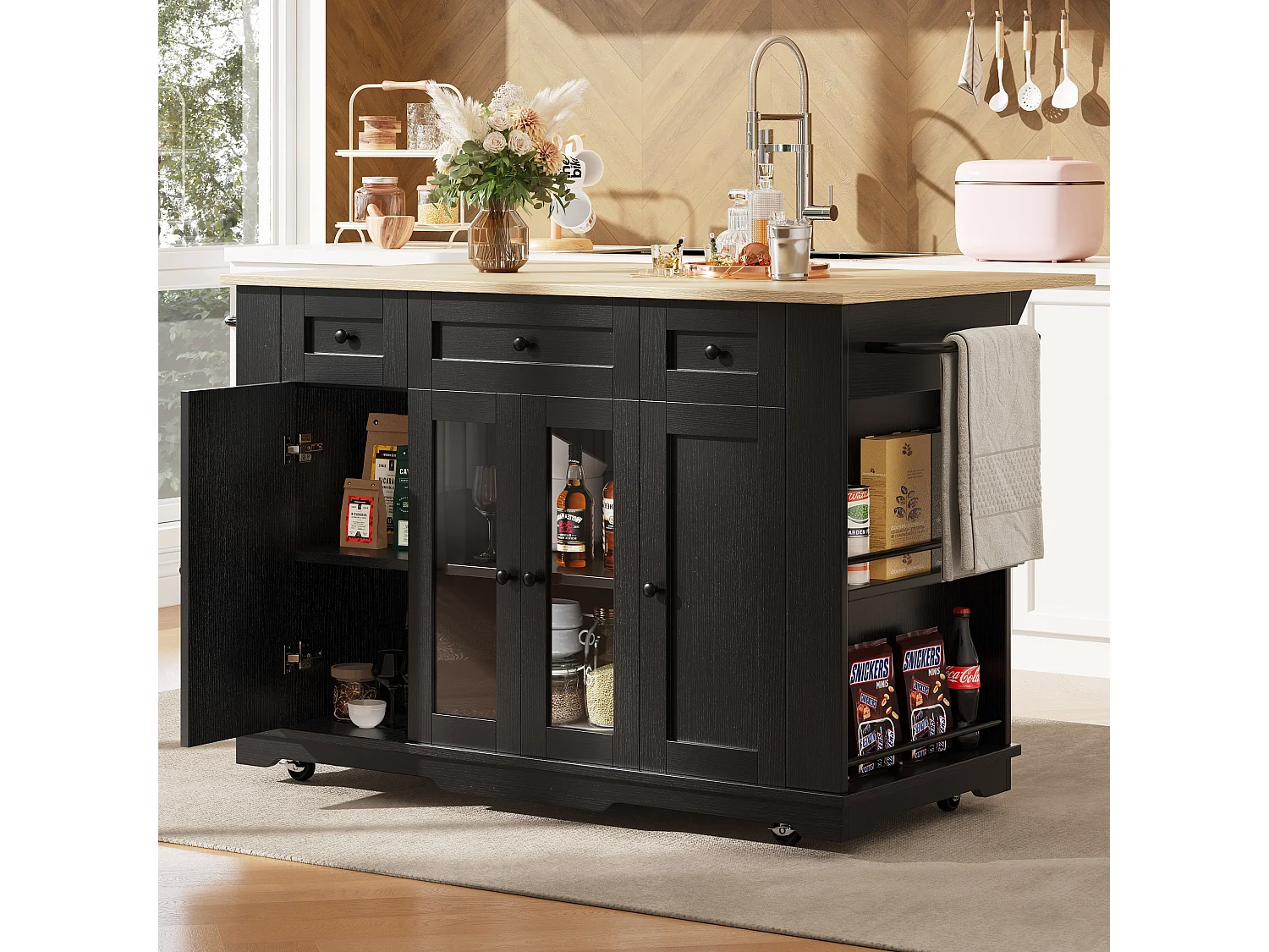 Îlot de cuisine 151.5x85x91.7 cm, plateau rabattable, rangements modulables, verre trempé, MDF et métal, noir et naturel