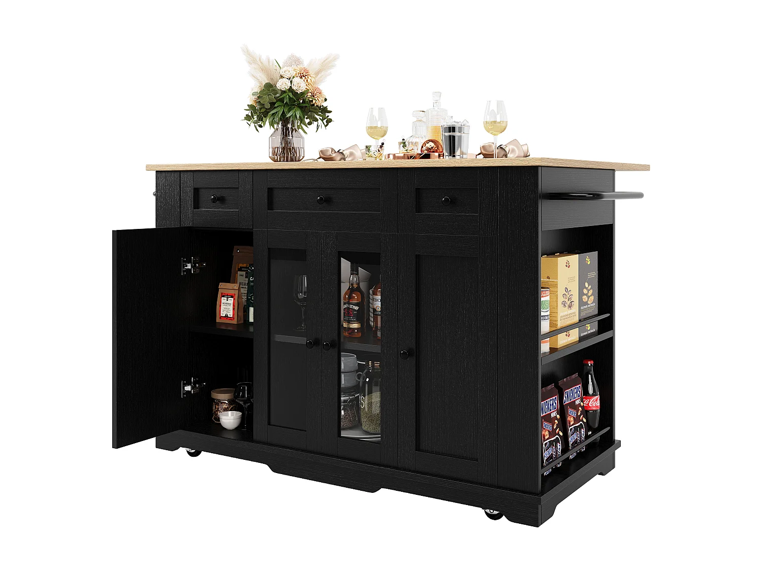Îlot de cuisine 151.5x85x91.7 cm, plateau rabattable, rangements modulables, verre trempé, MDF et métal, noir et naturel