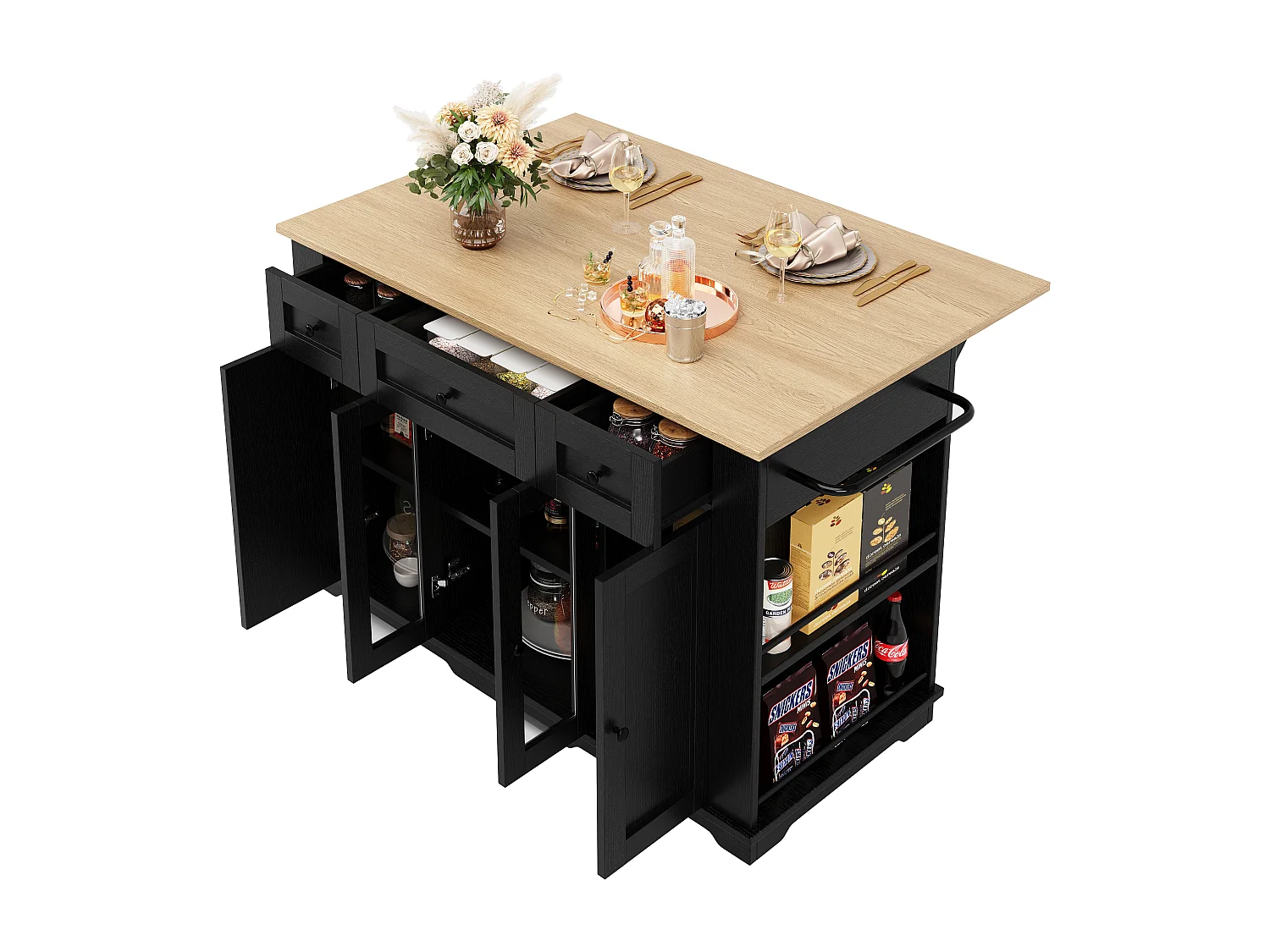 Îlot de cuisine 151.5x85x91.7 cm, plateau rabattable, rangements modulables, verre trempé, MDF et métal, noir et naturel