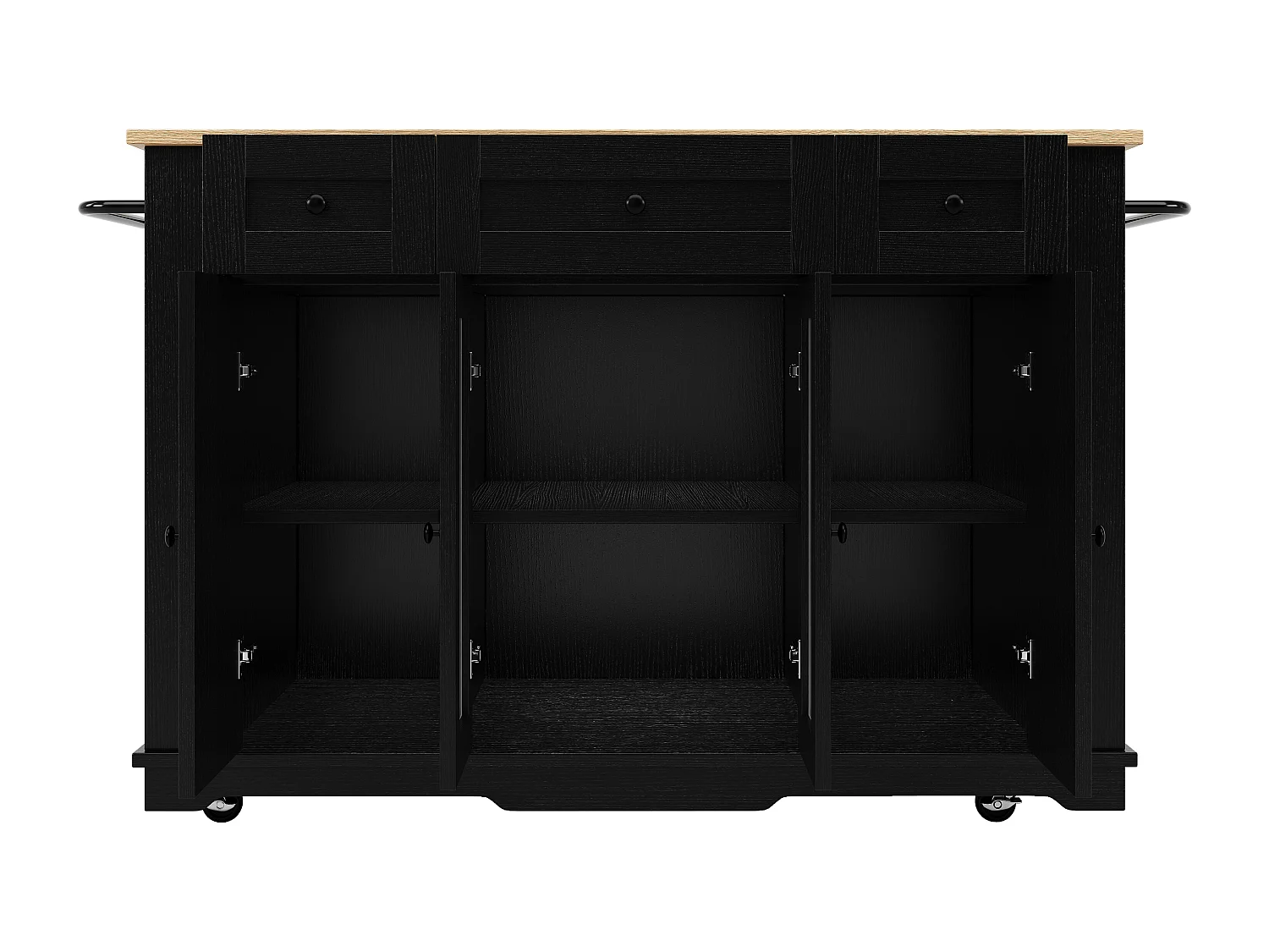 Îlot de cuisine 151.5x85x91.7 cm, plateau rabattable, rangements modulables, verre trempé, MDF et métal, noir et naturel
