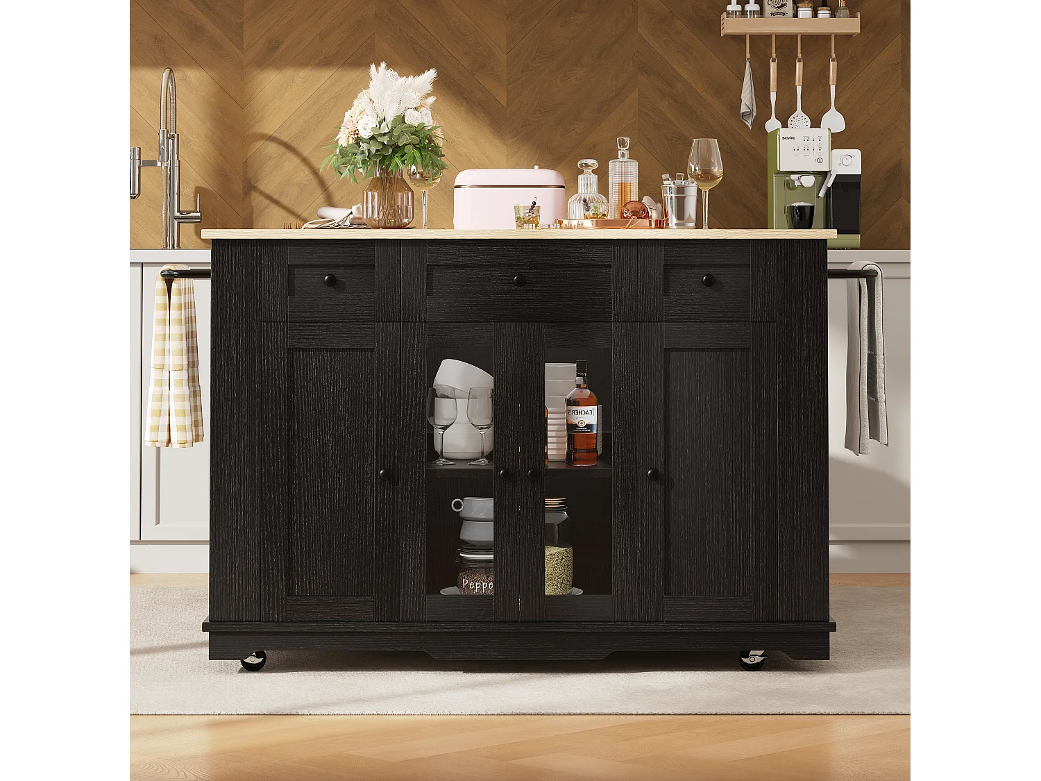 Îlot de cuisine 151.5x85x91.7 cm, plateau rabattable, rangements modulables, verre trempé, MDF et métal, noir et naturel