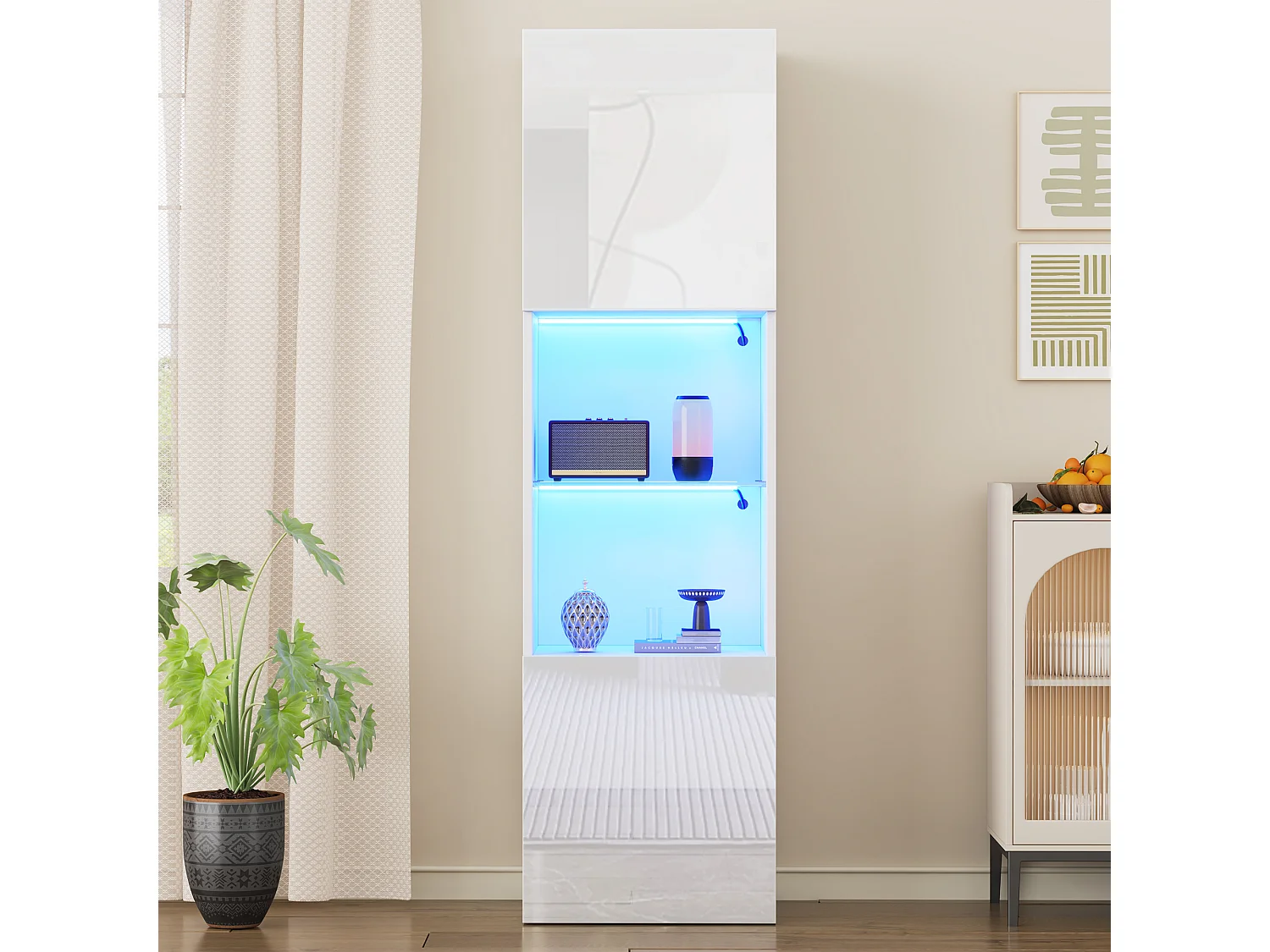 Vitrine 45x35x160 cm, éclairage LED 16 couleurs, 1 étagère en verre trempé, panneaux de particules, blanc brillant