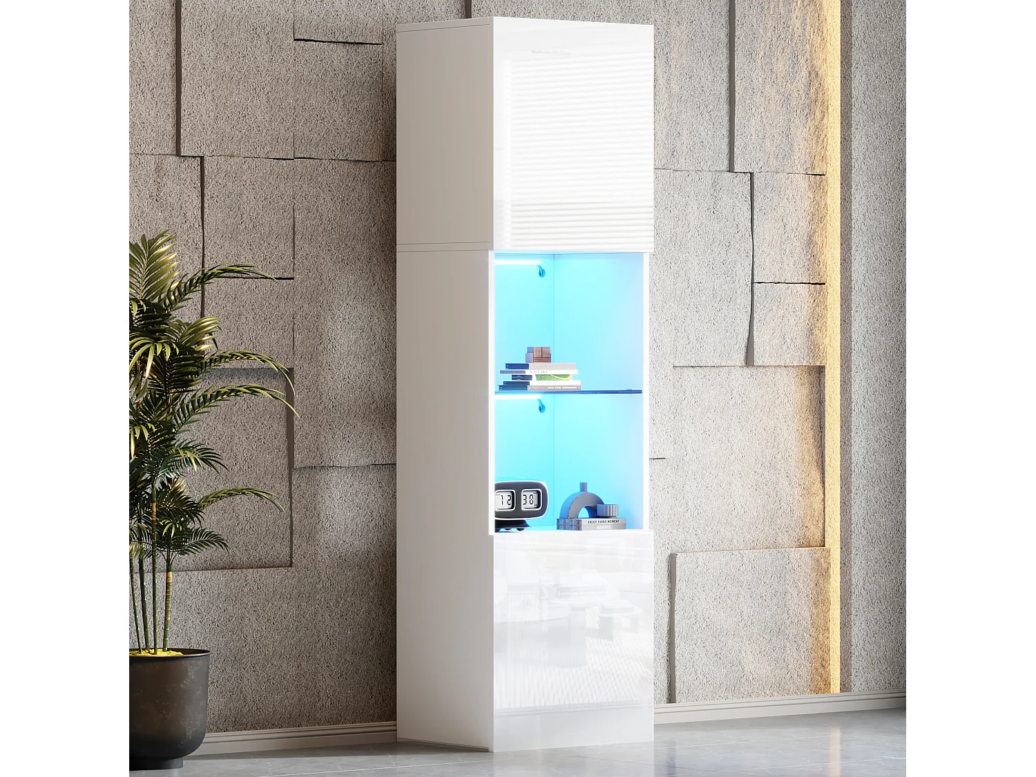 Vitrine 45x35x160 cm, éclairage LED 16 couleurs, 1 étagère en verre trempé, panneaux de particules, blanc brillant