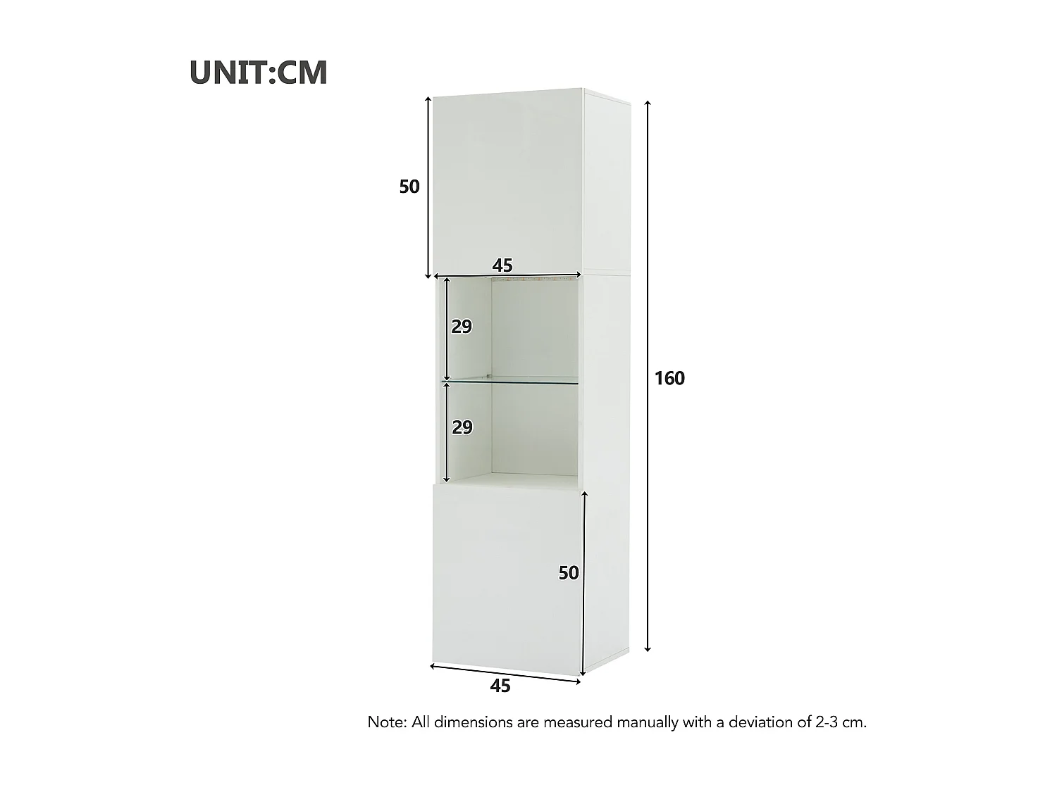 Vitrine 45x35x160 cm, éclairage LED 16 couleurs, 1 étagère en verre trempé, panneaux de particules, blanc brillant