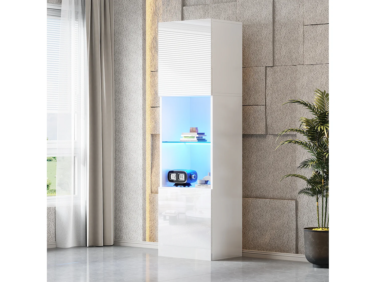 Vitrine 45x35x160 cm, éclairage LED 16 couleurs, 1 étagère en verre trempé, panneaux de particules, blanc brillant