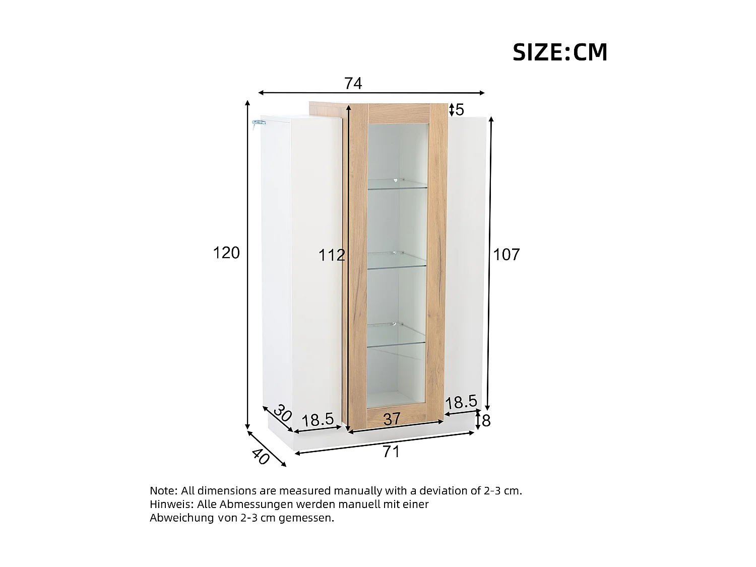 Vitrine 74x40x120 cm LED avec 3 portes et rangement - buffet avec étagères en verre - bois - blanc
