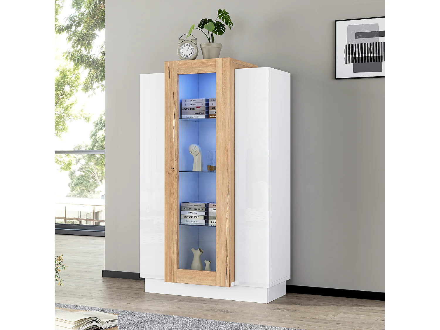 Vitrine de salon 74x40x120 cm, 3 portes, LED contrôlée par application, panneaux de particules, blanc et naturel