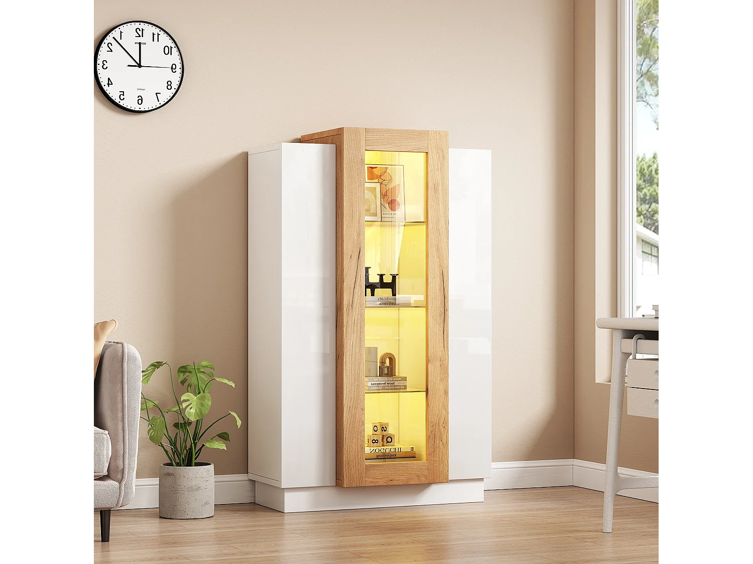 Vitrine de salon 74x40x120 cm, 3 portes, LED contrôlée par application, panneaux de particules, blanc et naturel