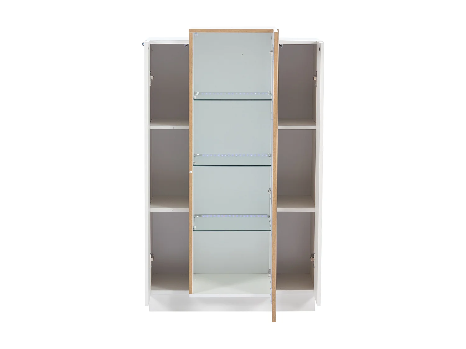 Vitrine de salon 74x40x120 cm, 3 portes, LED contrôlée par application, panneaux de particules, blanc et naturel