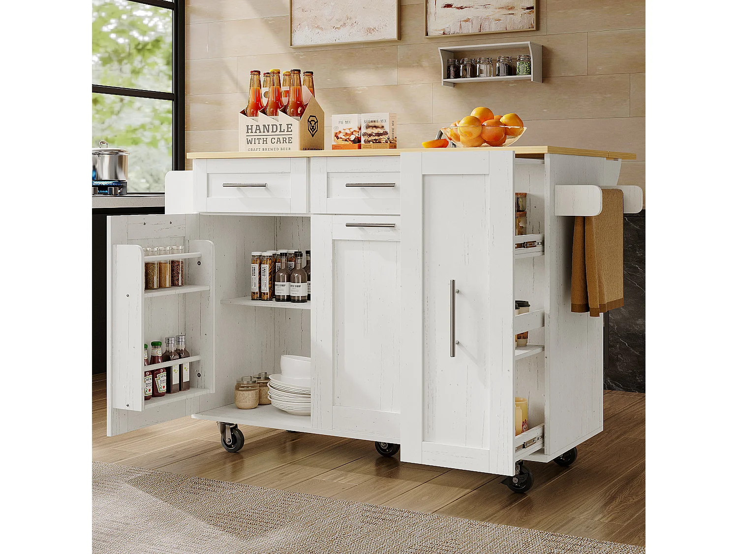 Îlot de cuisine 110x46x90.5 cm, plateau rabattable, rangements extensibles, MDF et métal blanc