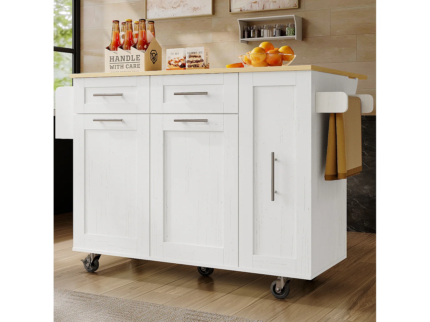 Îlot de cuisine 110x46x90.5 cm, plateau rabattable, rangements extensibles, MDF et métal blanc