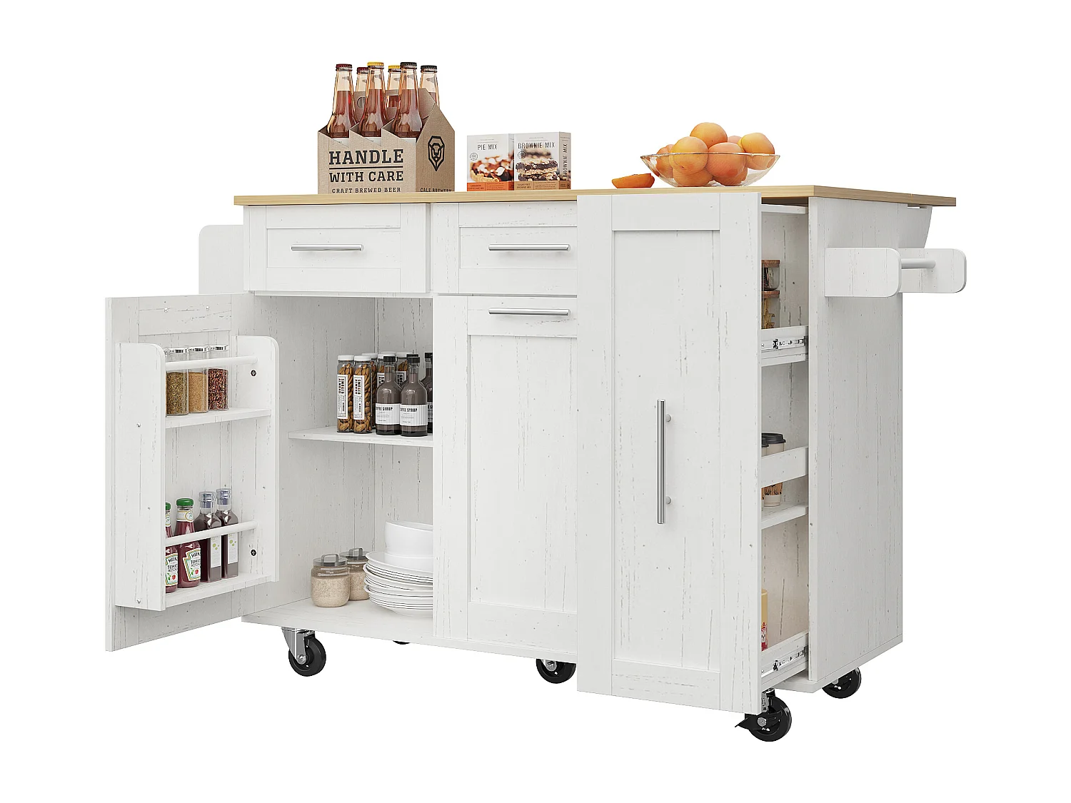 Îlot de cuisine 110x46x90.5 cm, plateau rabattable, rangements extensibles, MDF et métal blanc