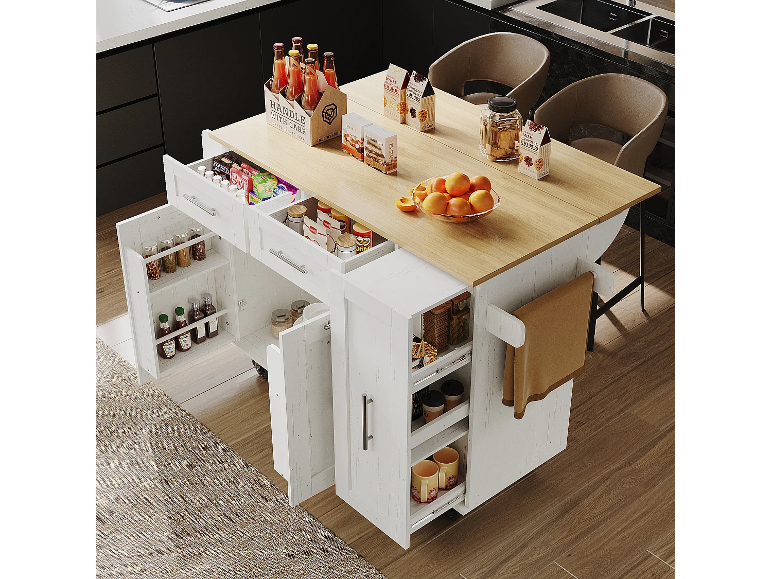 Îlot de cuisine 110x46x90.5 cm, plateau rabattable, rangements extensibles, MDF et métal blanc