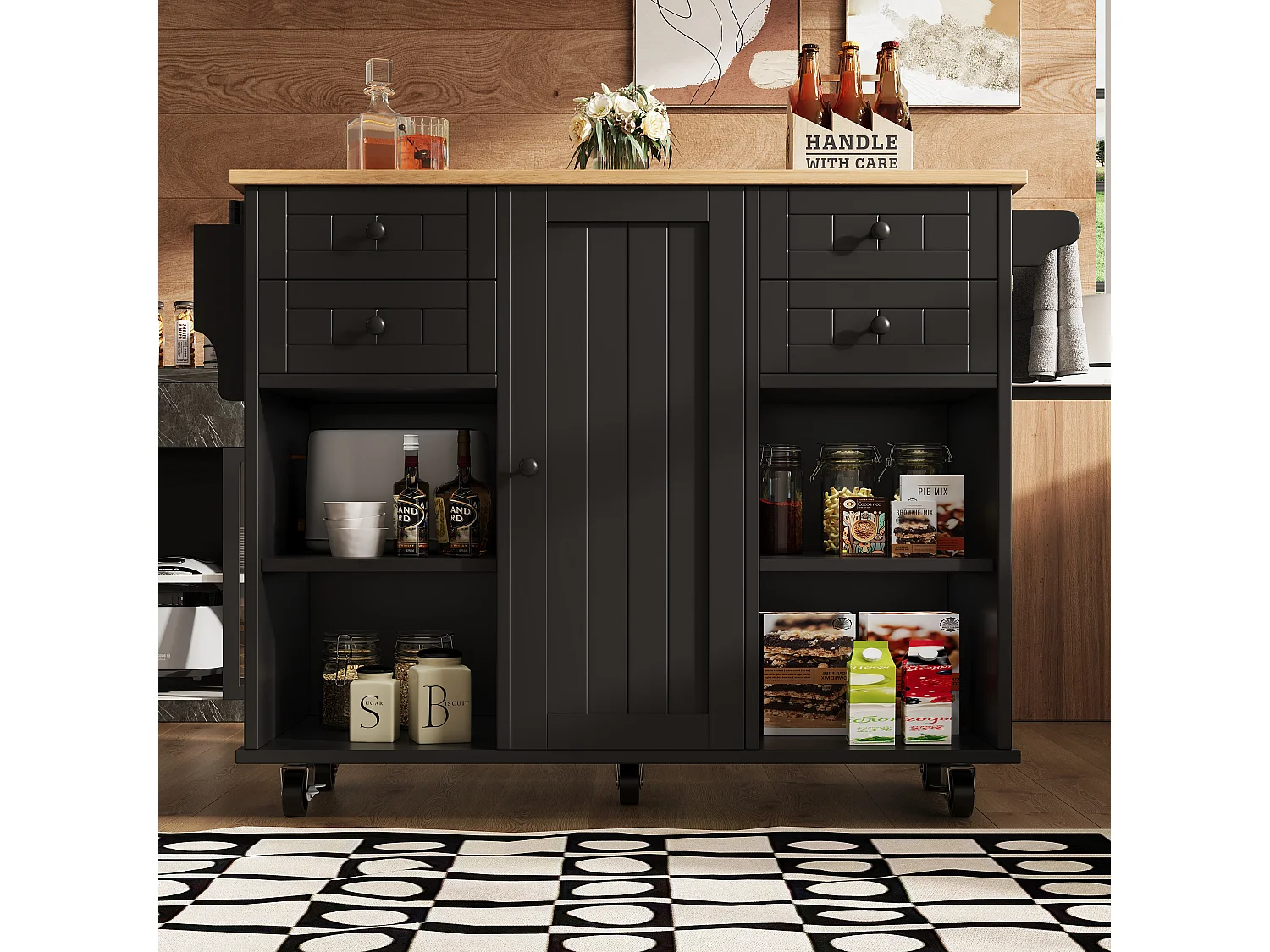 Îlot de cuisine 127x46x91.5 cm, rangement multifonction, roulettes 360° avec frein, MDF et métal noir