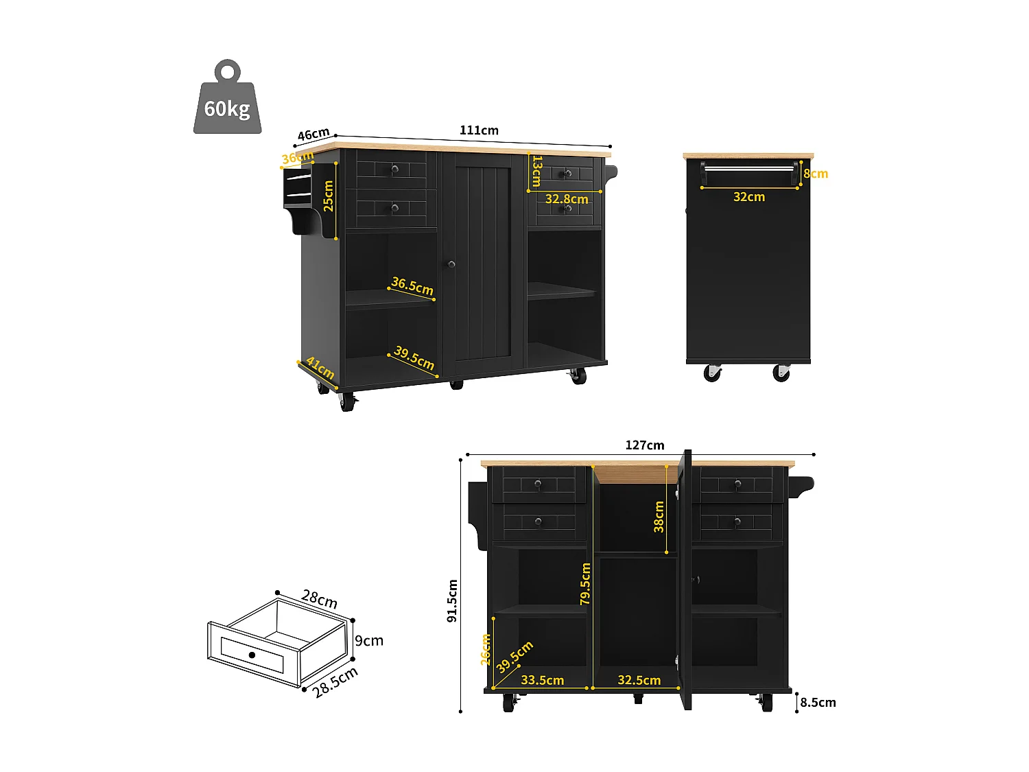 Îlot de cuisine 127x46x91.5 cm, rangement multifonction, roulettes 360° avec frein, MDF et métal noir