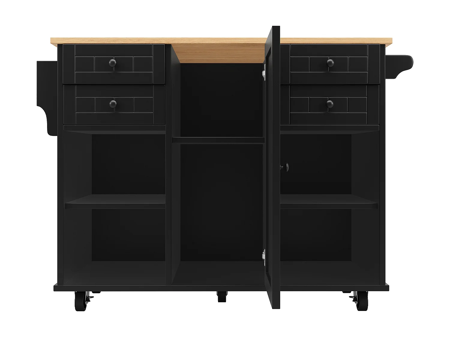 Îlot de cuisine 127x46x91.5 cm, rangement multifonction, roulettes 360° avec frein, MDF et métal noir