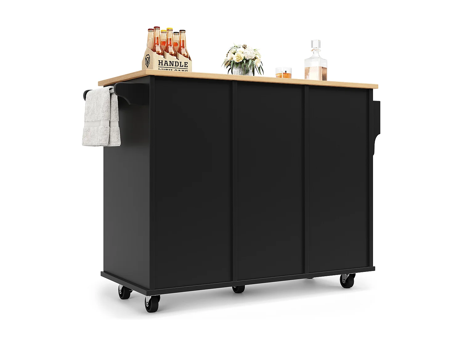 Îlot de cuisine 127x46x91.5 cm, rangement multifonction, roulettes 360° avec frein, MDF et métal noir