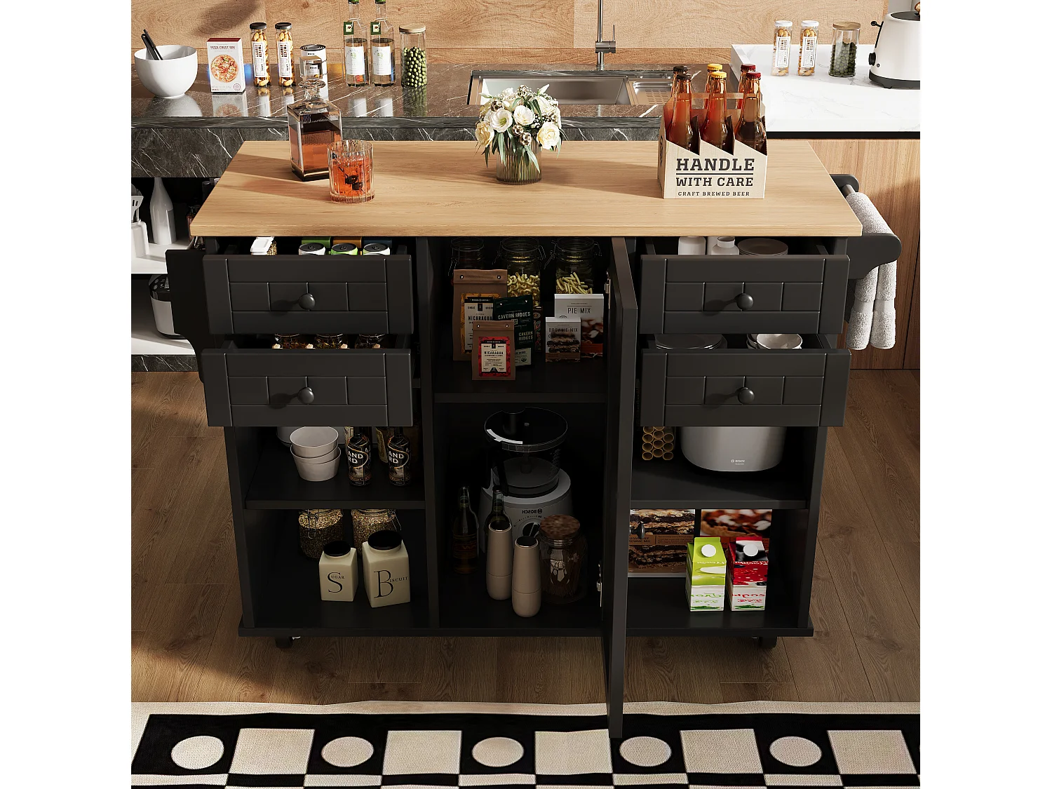 Îlot de cuisine 127x46x91.5 cm, rangement multifonction, roulettes 360° avec frein, MDF et métal noir