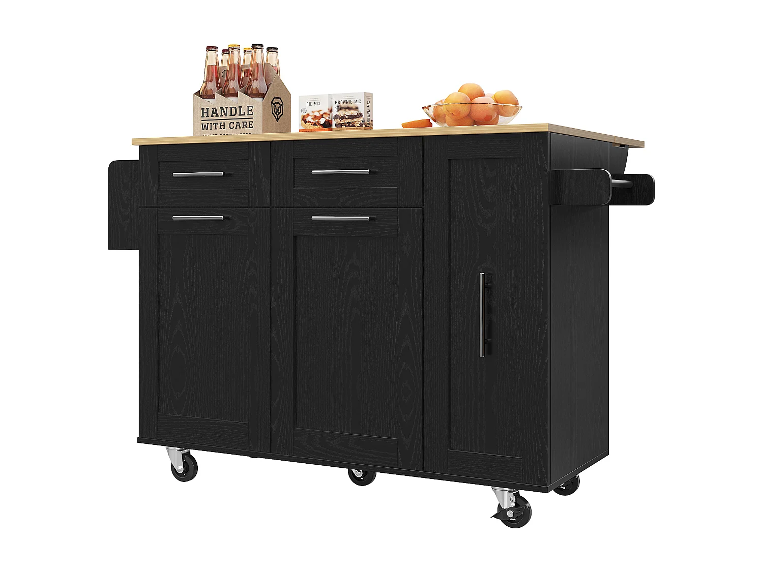 Îlot de cuisine 110x46x90.5 cm, plateau rabattable, rangement extensible, roulettes verrouillables, MDF et métal noir