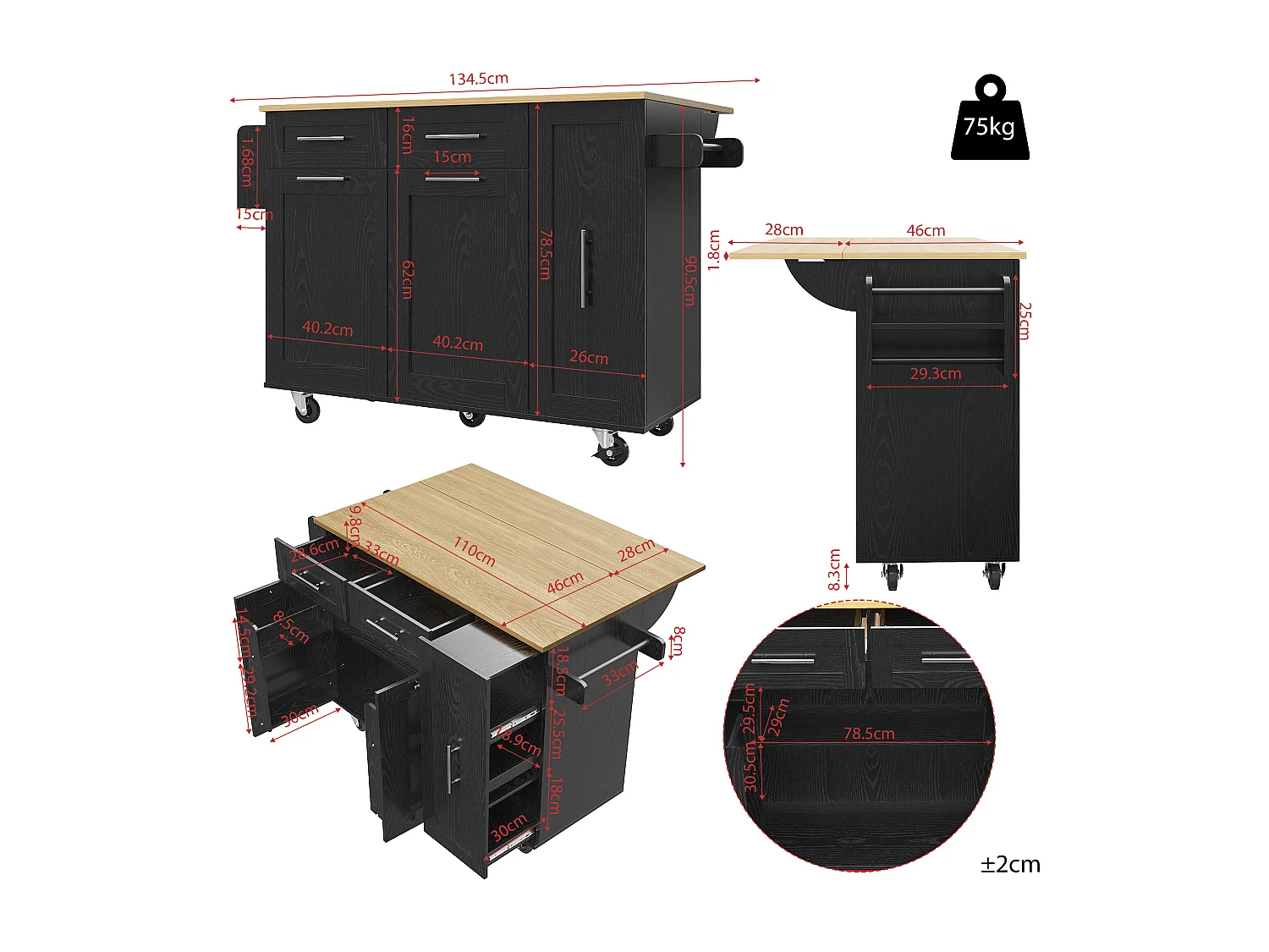Îlot de cuisine 110x46x90.5 cm, plateau rabattable, rangement extensible, roulettes verrouillables, MDF et métal noir