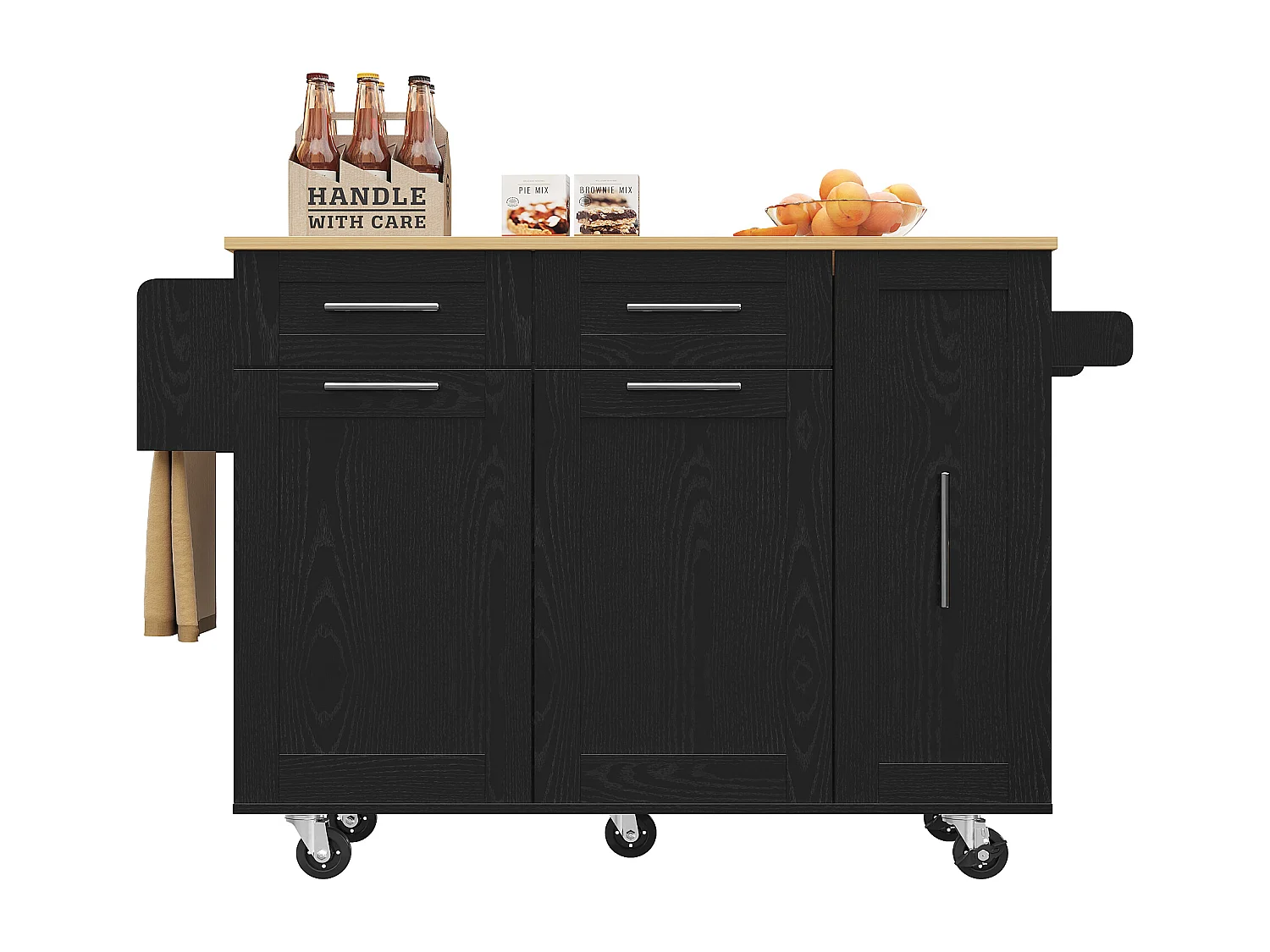 Îlot de cuisine 110x46x90.5 cm, plateau rabattable, rangement extensible, roulettes verrouillables, MDF et métal noir