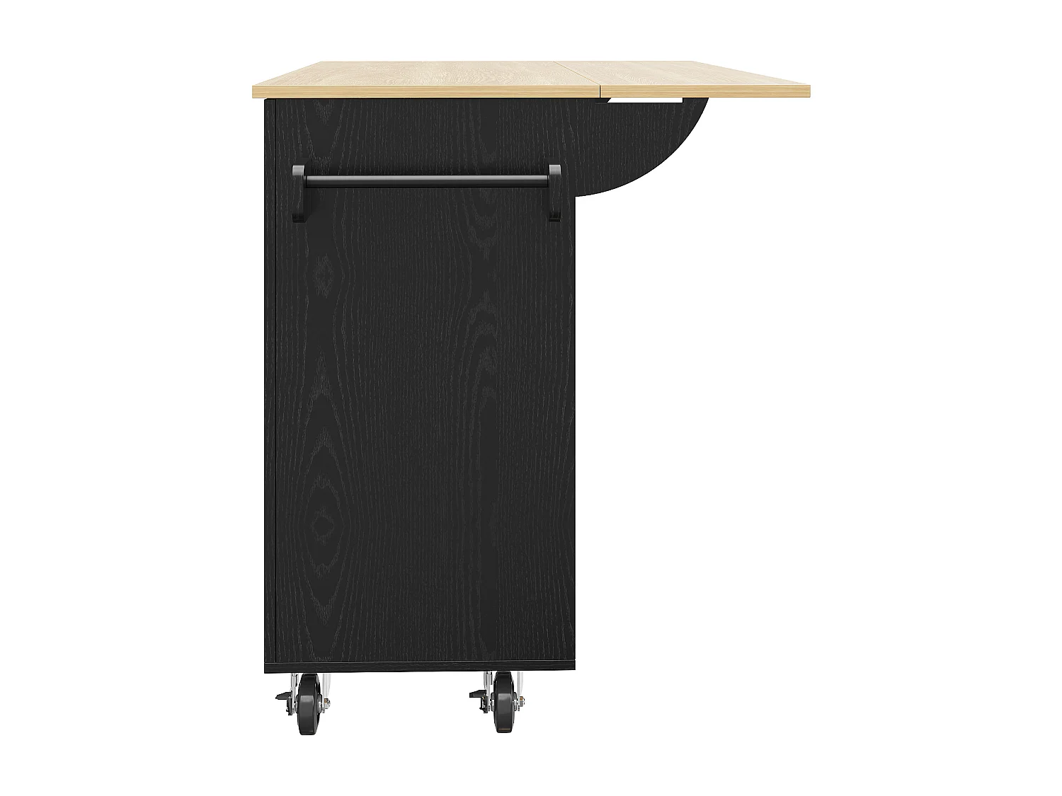 Îlot de cuisine 110x46x90.5 cm, plateau rabattable, rangement extensible, roulettes verrouillables, MDF et métal noir