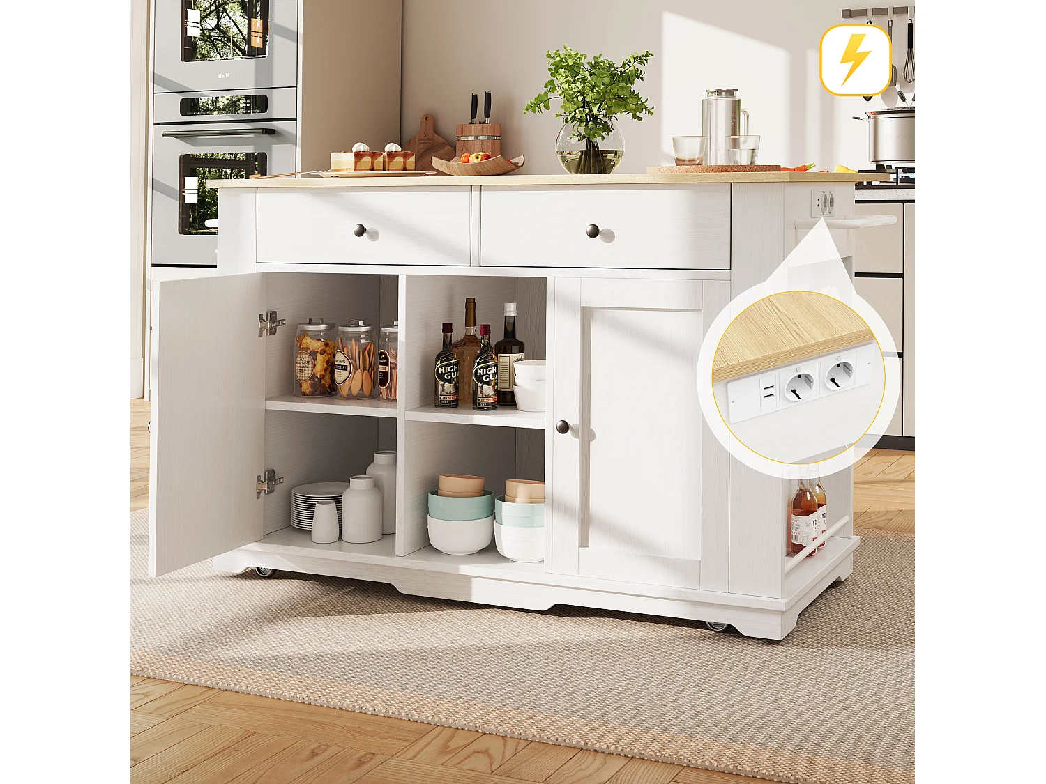 Desserte de cuisine 151.5x(59.7-84.7)x91.7 cm 2 portes et 3 tiroirs prise électrique Îlot de cuisine avec plateau extensible  - blanc