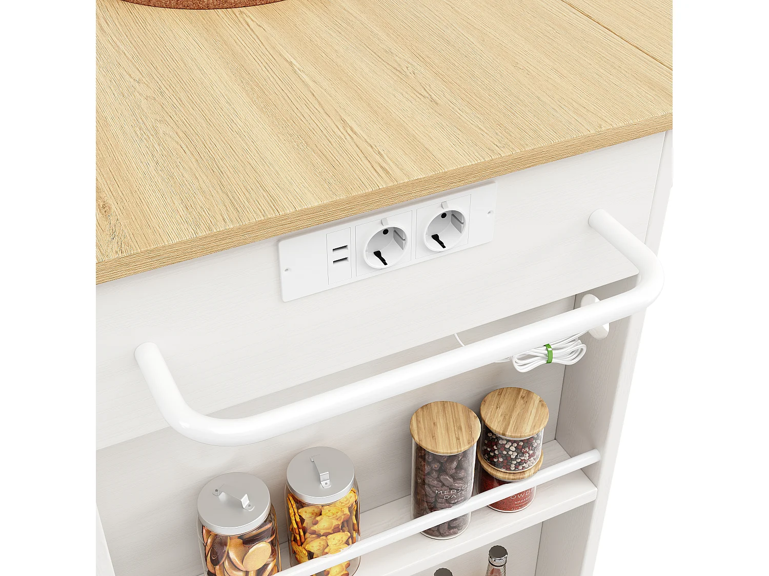 Desserte de cuisine 151.5x(59.7-84.7)x91.7 cm 2 portes et 3 tiroirs prise électrique Îlot de cuisine avec plateau extensible  - blanc