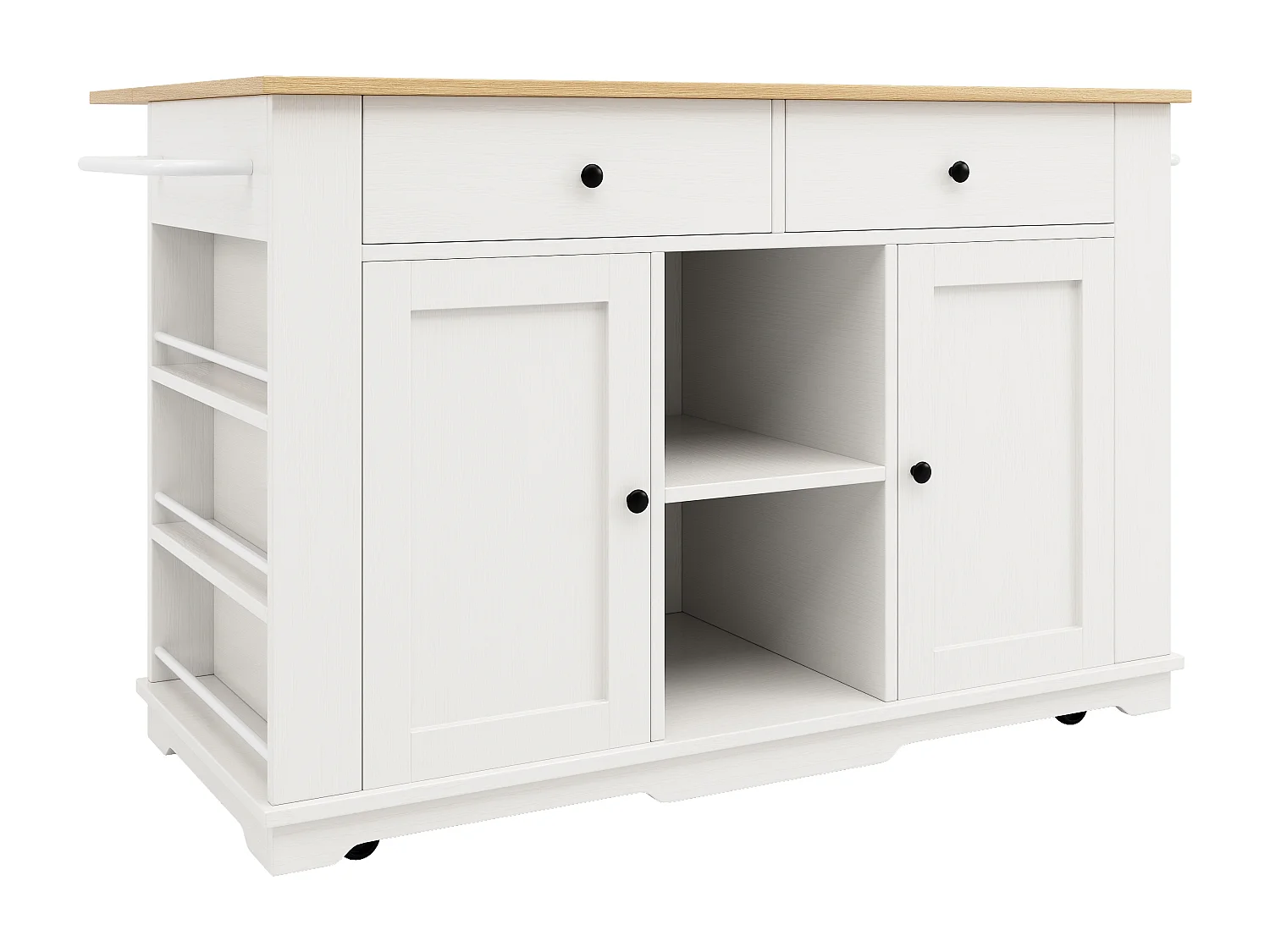 Îlot de cuisine 151.5x59.7x91.7 cm, rallonge pliante, prises intégrées, 2 tiroirs 6 compartiments, MDF métal blanc et naturel