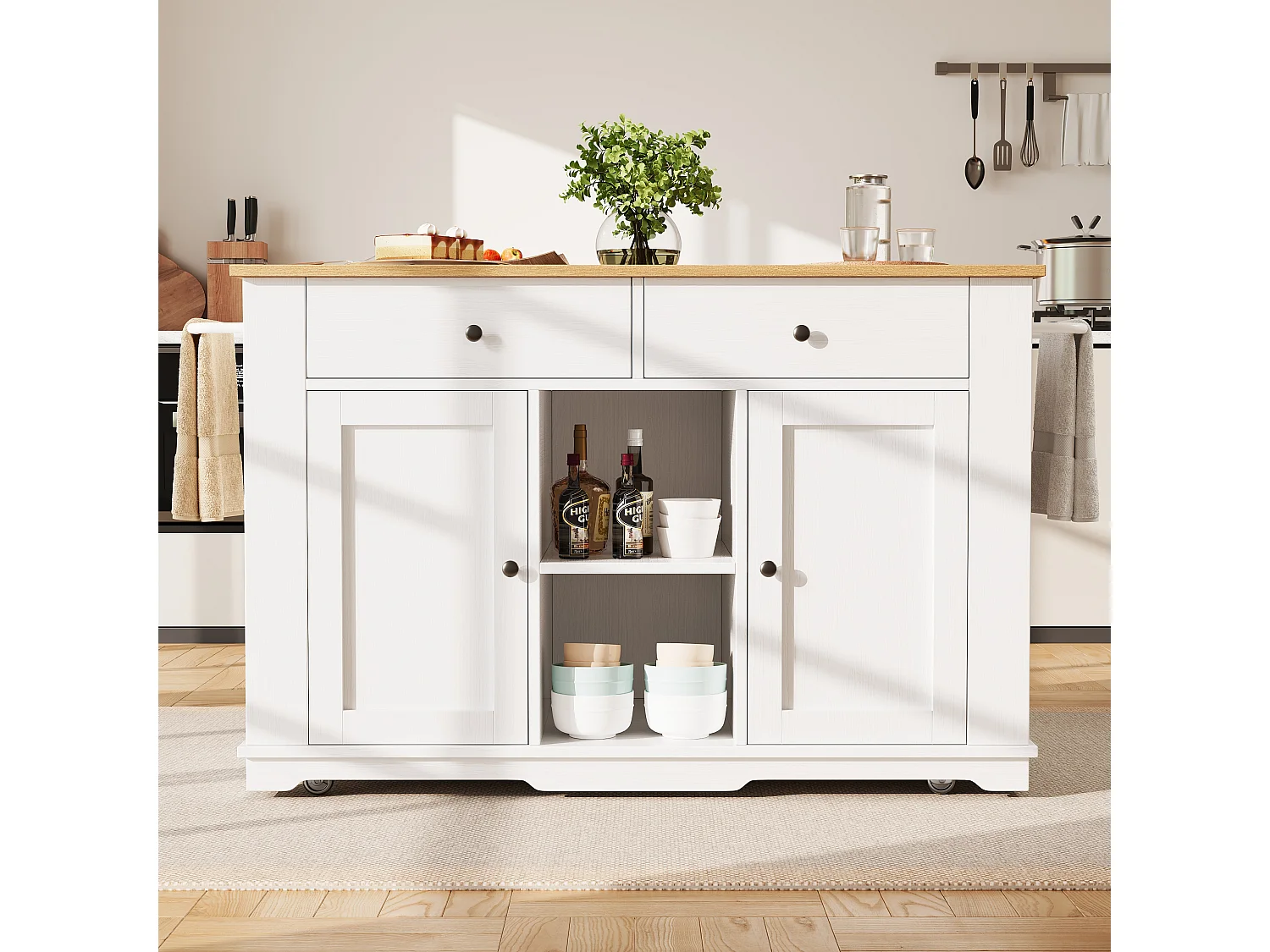 Îlot de cuisine 151.5x59.7x91.7 cm, rallonge pliante, prises intégrées, 2 tiroirs 6 compartiments, MDF métal blanc et naturel