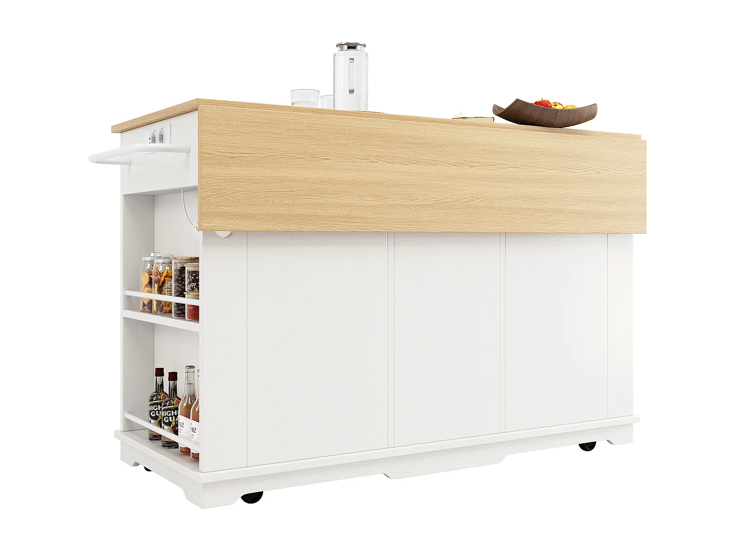 Îlot de cuisine 151.5x59.7x91.7 cm, rallonge pliante, prises intégrées, 2 tiroirs 6 compartiments, MDF métal blanc et naturel