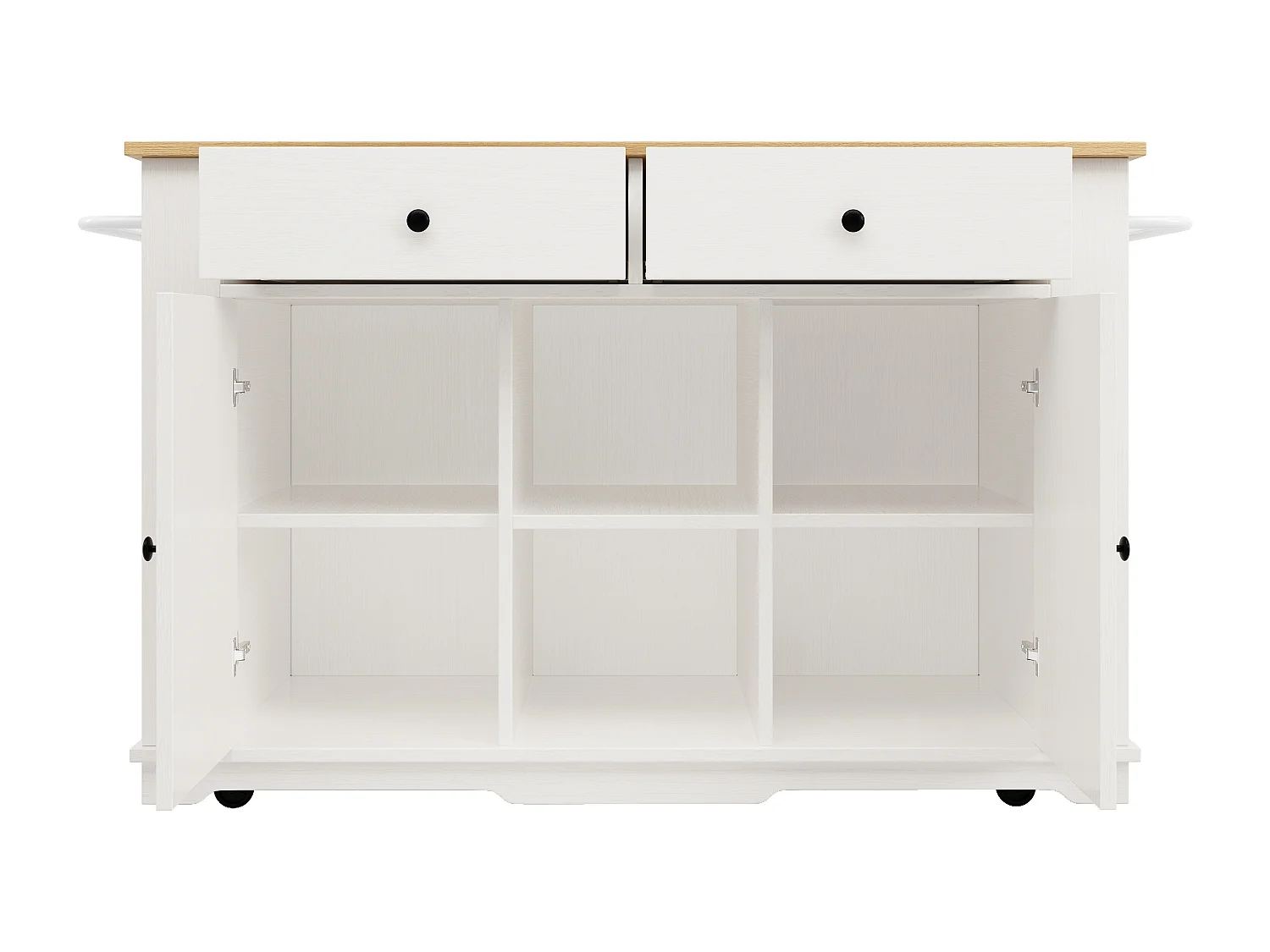 Îlot de cuisine 151.5x59.7x91.7 cm, rallonge pliante, prises intégrées, 2 tiroirs 6 compartiments, MDF métal blanc et naturel