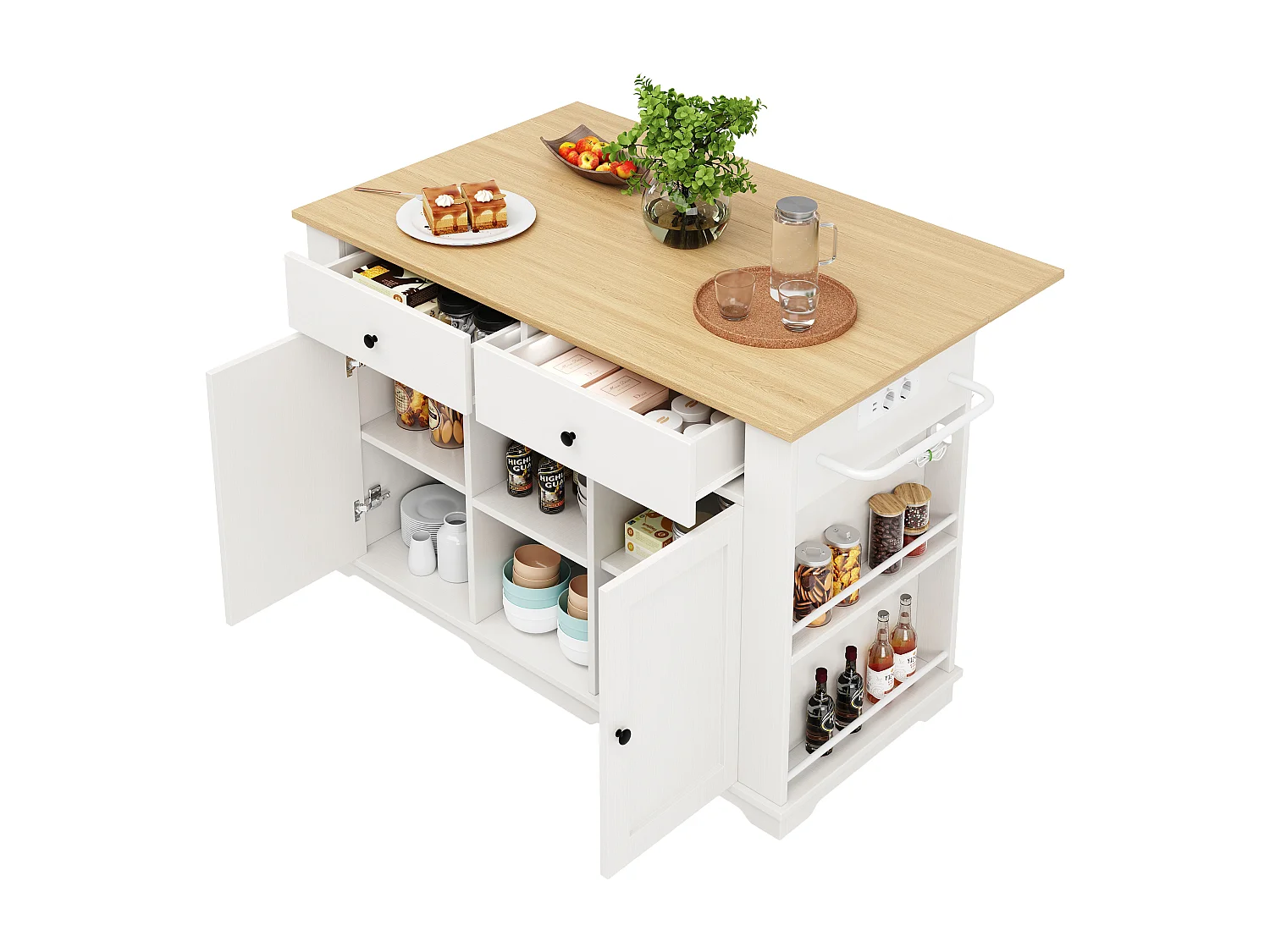 Îlot de cuisine 151.5x59.7x91.7 cm, rallonge pliante, prises intégrées, 2 tiroirs 6 compartiments, MDF métal blanc et naturel