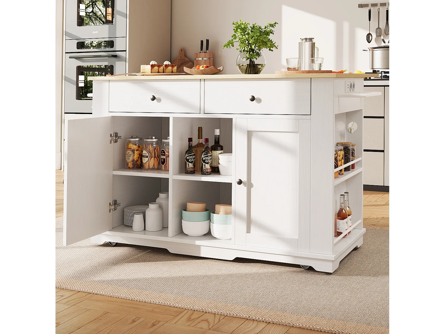 Îlot de cuisine 151.5x59.7x91.7 cm, rallonge pliante, prises intégrées, 2 tiroirs 6 compartiments, MDF métal blanc et naturel