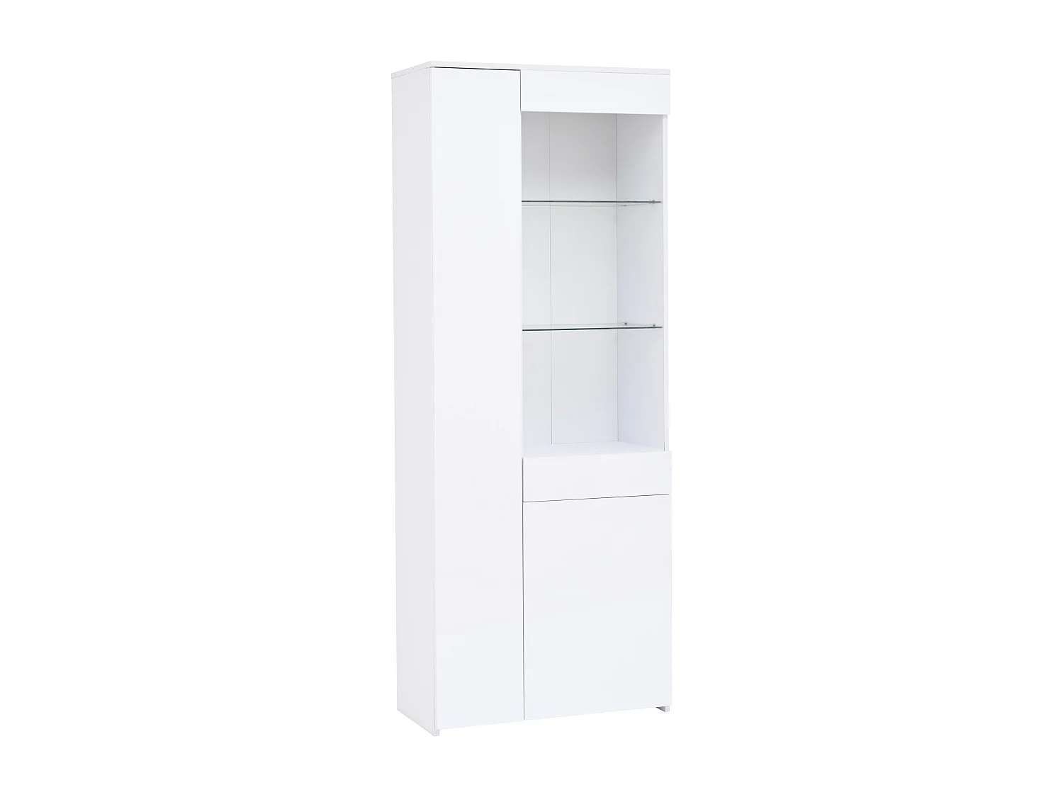 Vitrine 70x35x180 cm, 2 portes, 1 tiroir, éclairage LED réglable, verre trempé, panneaux de particules blancs