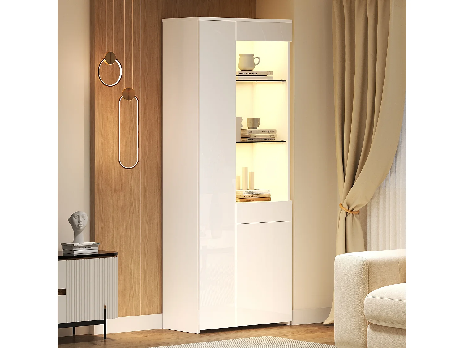 Vitrine 70x35x180 cm, 2 portes, 1 tiroir, éclairage LED réglable, verre trempé, panneaux de particules blancs