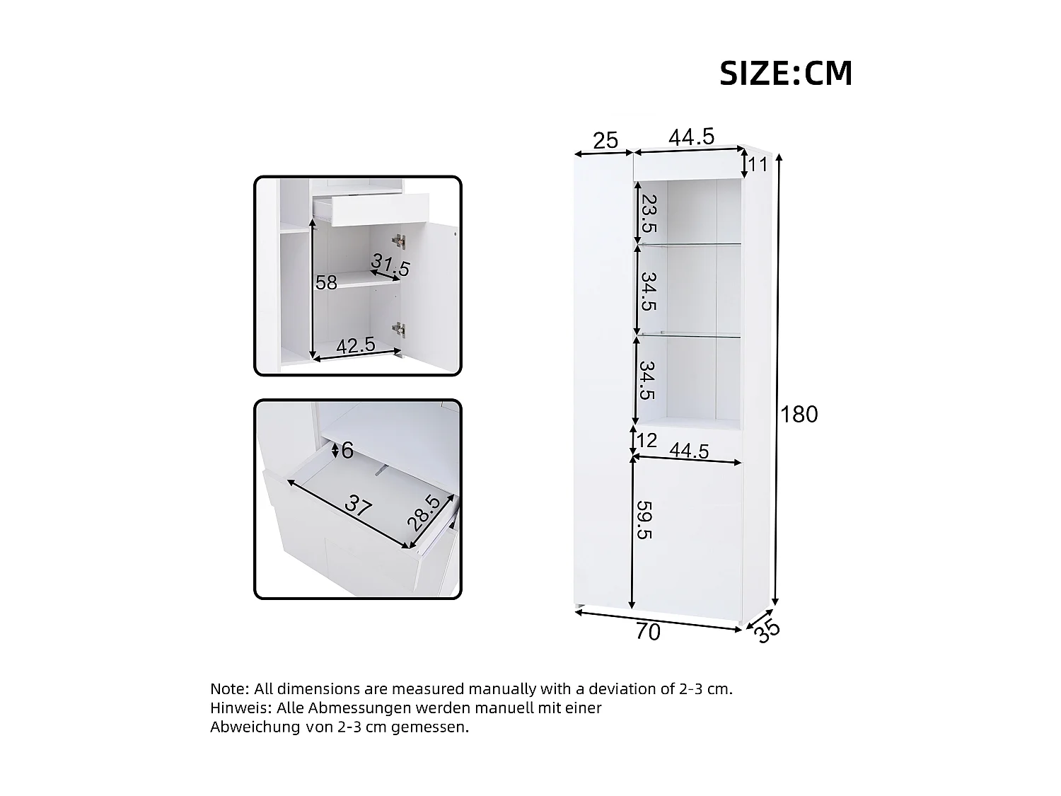 Vitrine 70x35x180 cm, 2 portes, 1 tiroir, éclairage LED réglable, verre trempé, panneaux de particules blancs