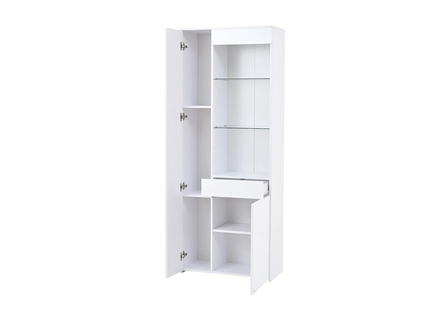 Vitrine 70x35x180 cm, 2 portes, 1 tiroir, éclairage LED réglable, verre trempé, panneaux de particules blancs