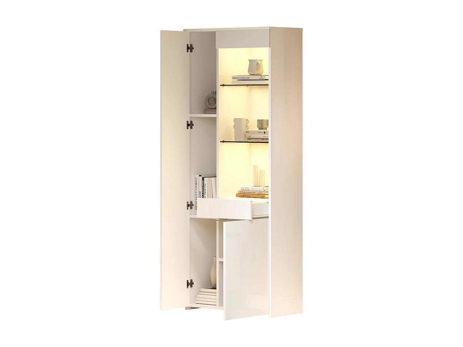 Vitrine 70x35x180 cm, 2 portes, 1 tiroir, éclairage LED réglable, verre trempé, panneaux de particules blancs