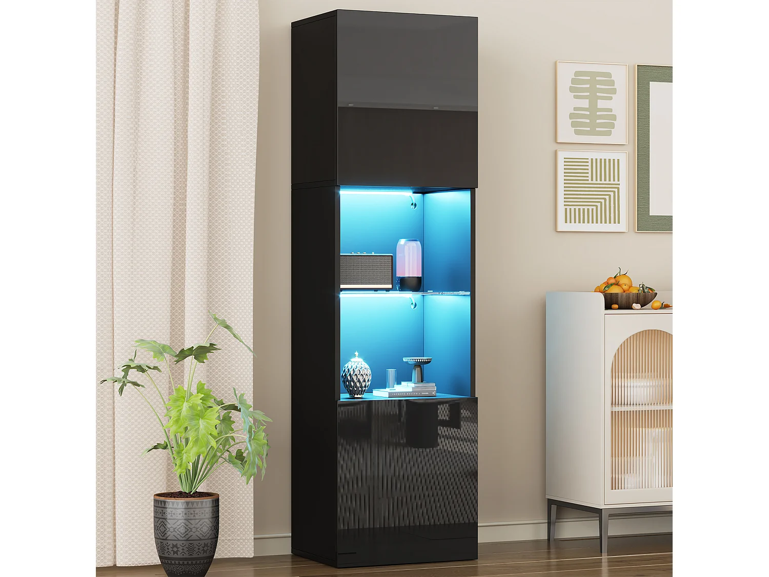 Vitrine 45x35x160 cm, éclairage LED, 1 étagère en verre trempé, panneau de particules noir brillant